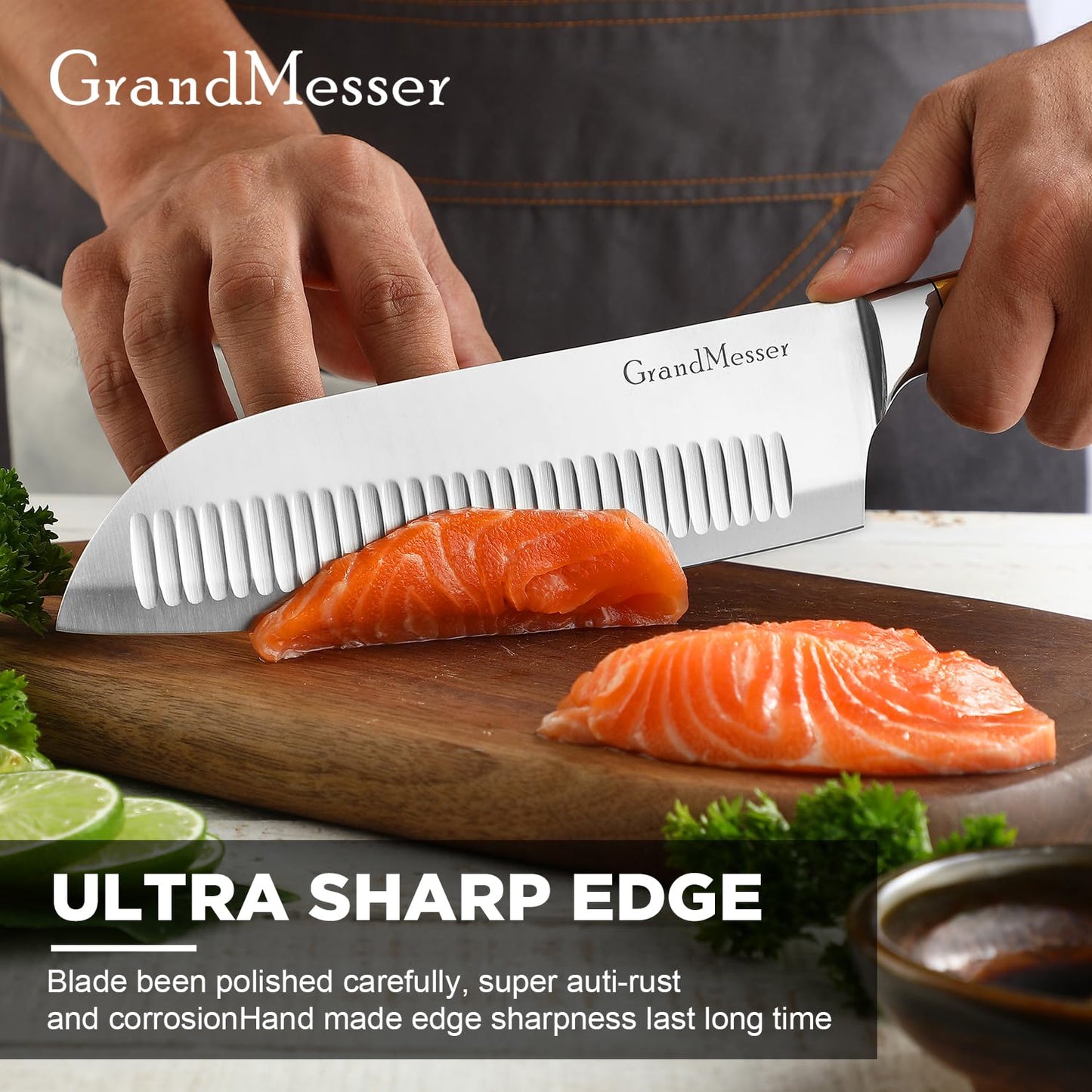 GrandMesser Santoku Knife, Chef's Kitchen Knife 7 Inch, Japanese Steel AUS-10 Chef Knife, with Pure Copper Ergonomic Handle & Gift Box.