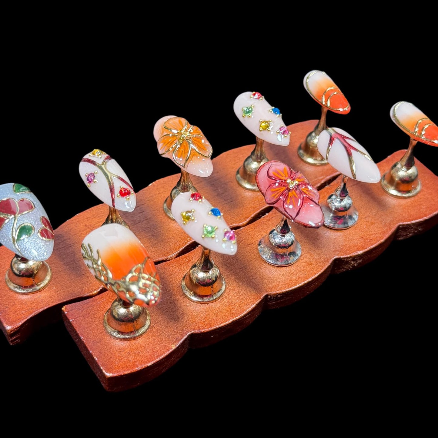 Handmade Press On Nails, Golden Ember Bloom, Luxury Sunset Ombre, Medium Almond Shape with 3D Floral Design, Crystal Accents, Acrylic False Nails Set, Gold Foil Outline (L)