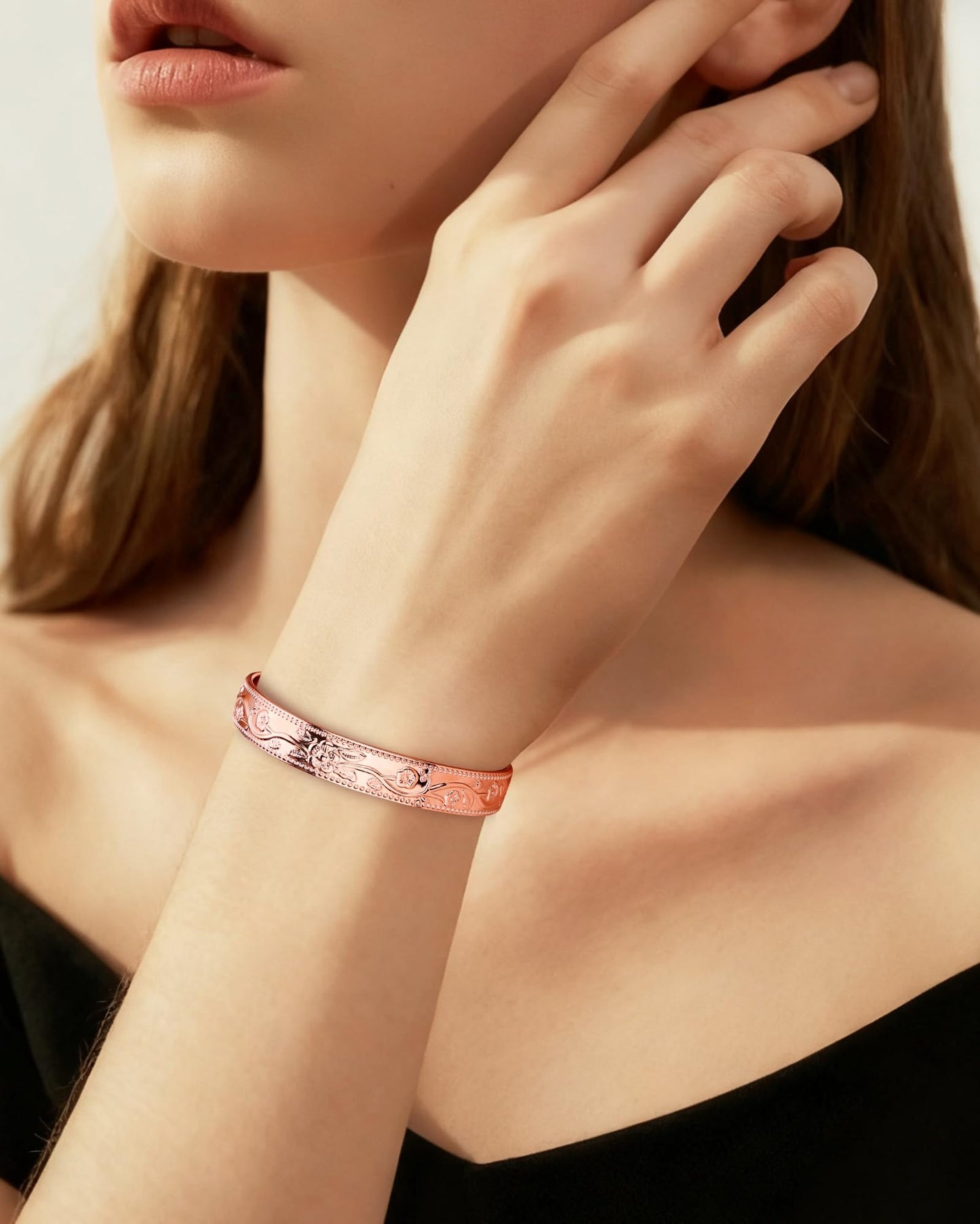 BioMag 2 Pcs Magnetic Copper Bracelet for Women, 99.99% Pure Copper Cuff Bangle with 6 Pcs 3500 Gauss Magnets, Adjustable Size, Floral Vine Design