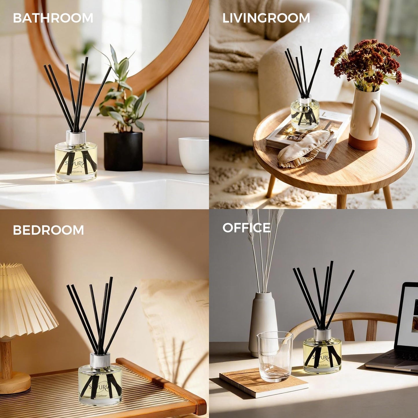 SILVURIA Reed Diffuser Set,2x100ml Bamboo Scented Oil Diffuser with 12 Reed Sticks,Long-Lasting Home & Office Fragrance for Living Room,Bedroom