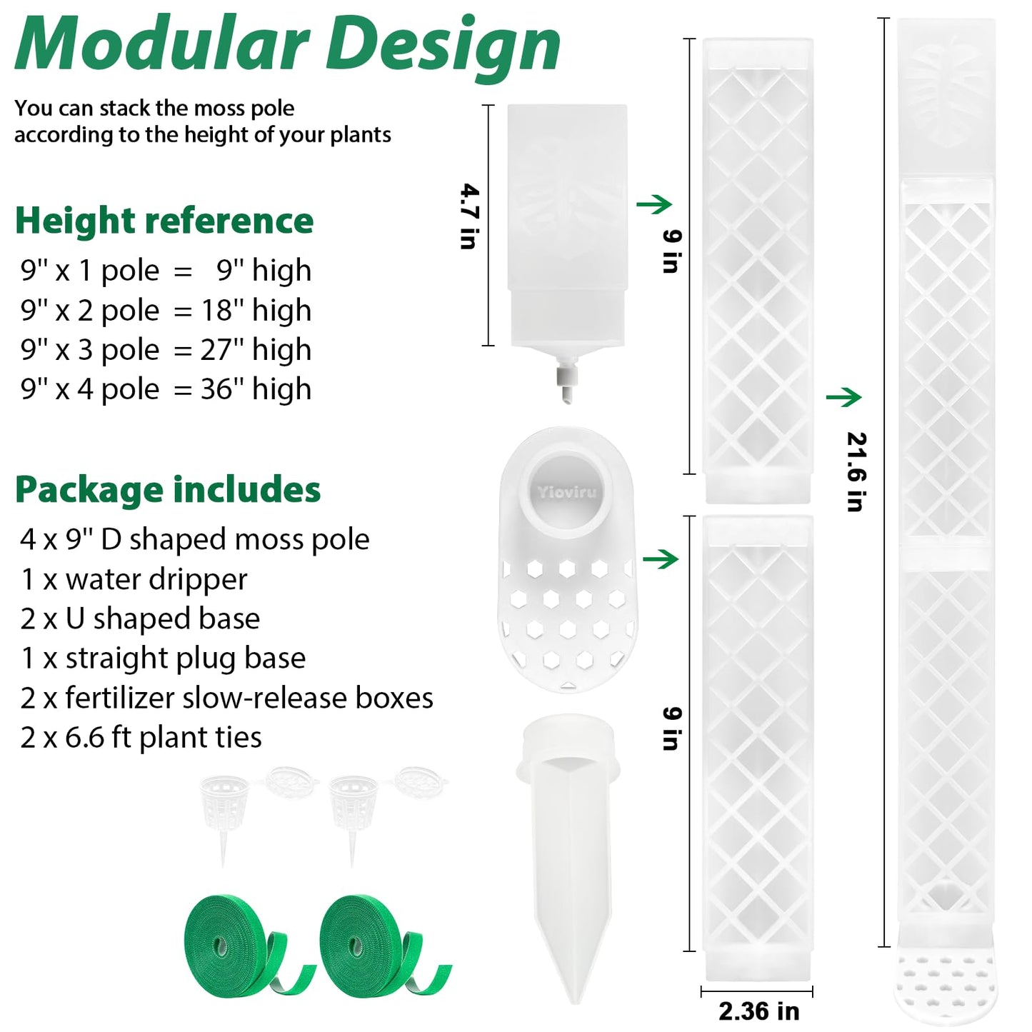 4 Psc 9 Inch D Shaped Moss Pole with Watering Dripper, Plastic Moss Poles for Climbing Plants, Sturdy Monstera Plant Support, Self Watering Moss Pole Kit for Plants Indoor(White)
