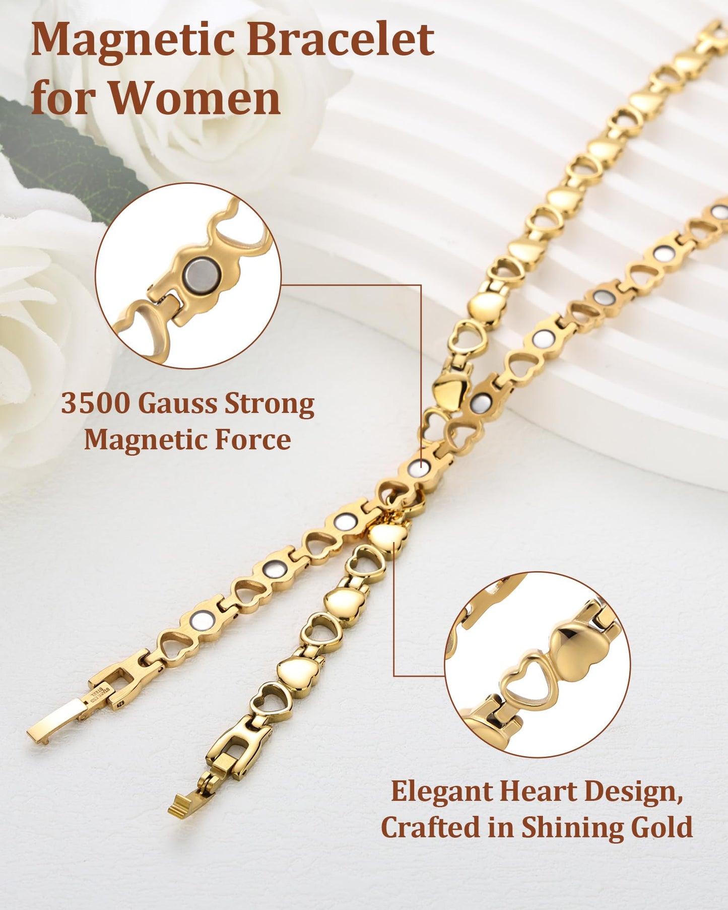 BioMag Magnetic Bracelet for Women, Titanium Steel Wristband Brazaletes for Pain Relief Solid Pure Copper Jewelry Gift with Adjustable Tool (Gold)