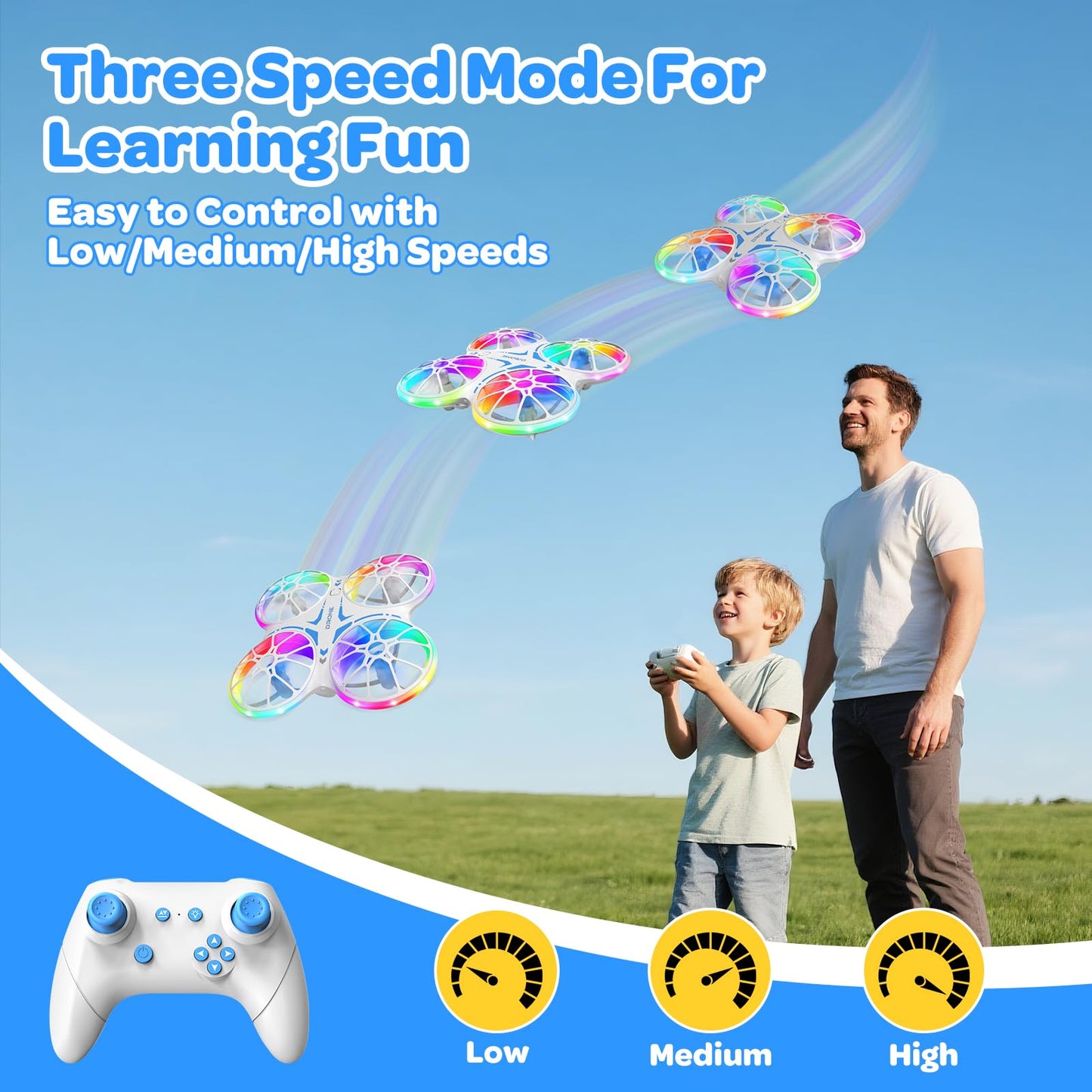 Mini Drones For Kids Beginners - With LED Lights And 2 Batteries, Remote Control RC Quadcopter with Altitude Hold and 3D Flips,Full Propeller Protect,Boys Toys Gifts(Blue)