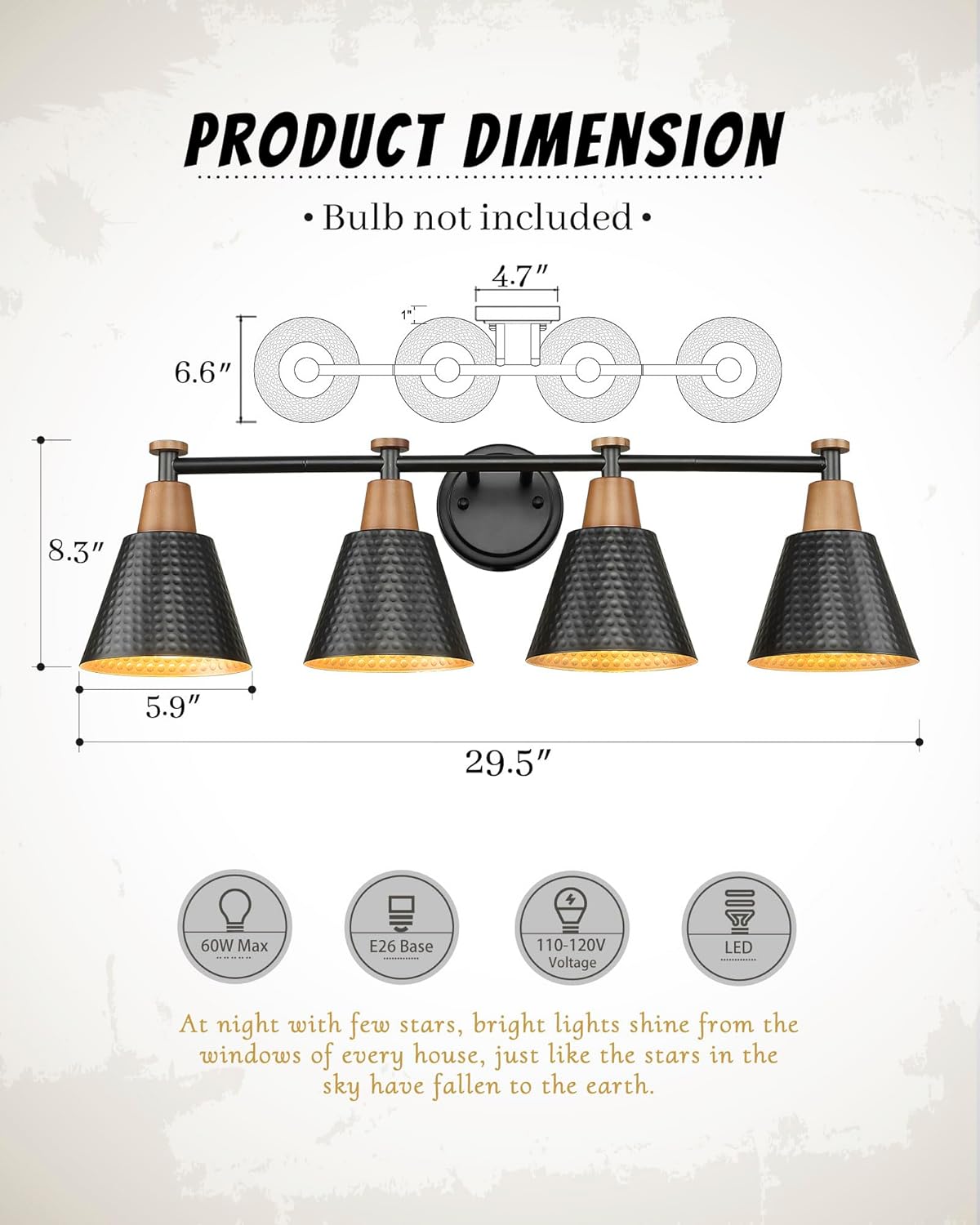 FEMILA 30" Bathroom Light Fixtures, 4 Light Vanity Lighting Fixtures with Wood Grain Paint and Black Finish, Light Fixtures for Bathroom Above Mirror, 4FG75B-4W BK