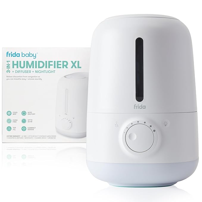 Frida Baby 3-in-1 XL Top Fill Humidifier for Bedroom, Allergy Relief, 6L Tank Cool Mist Humidifier for Large Rooms + Diffuser, Nightlight, Auto Shut-Off, Quiet, Carry Handle, Essential Oil Diffuser