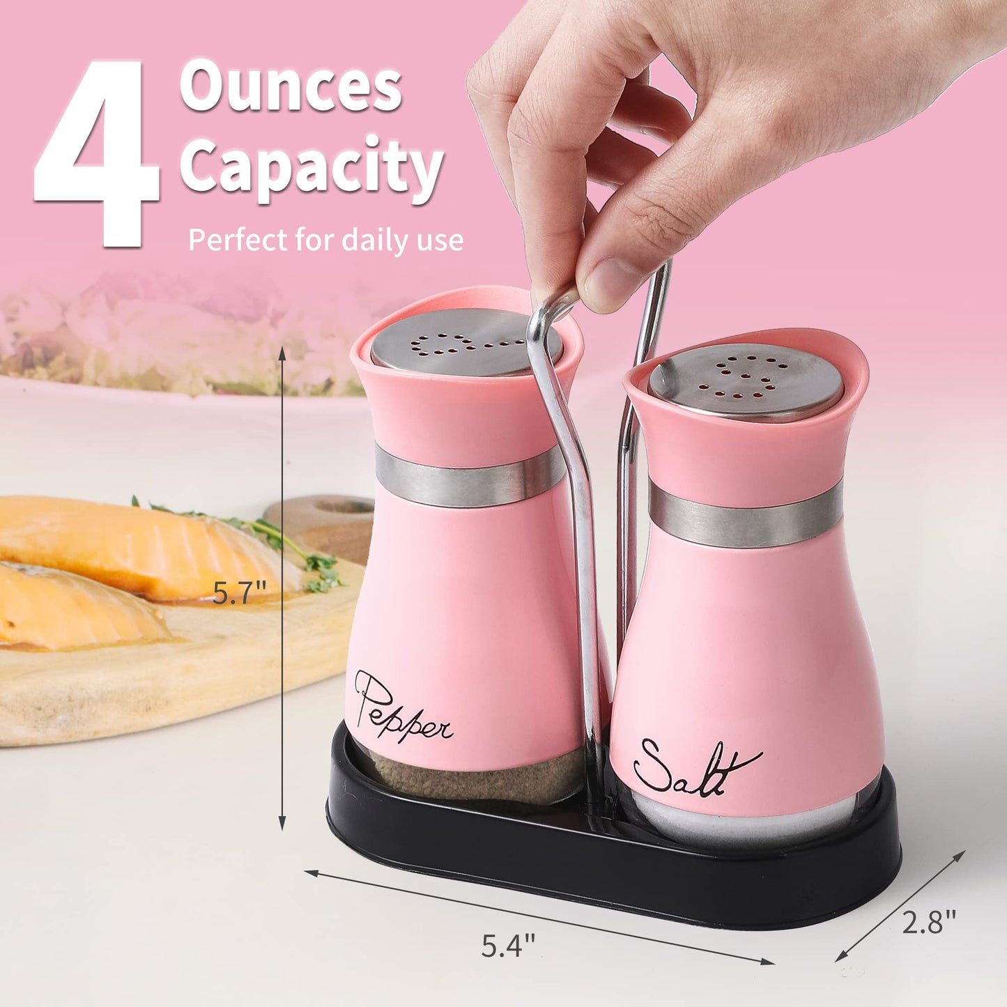 Salt and Pepper Shakers Set, Stainless Steel with Glass Bottle for Table, RV, Camp, BBQ, Set of 2, Pink