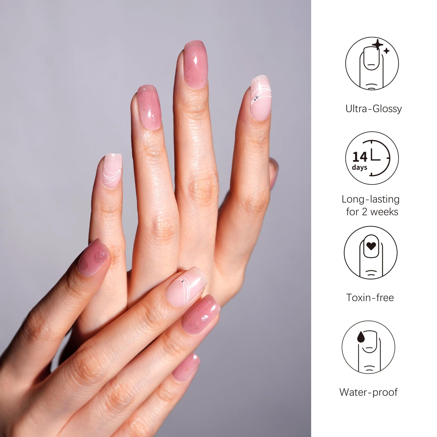 DANNI & TONI Semi Cured Gel Nail Strips Floral (Petal Kiss) Pink White Ombre Gel Nail Wraps 28 Stickers