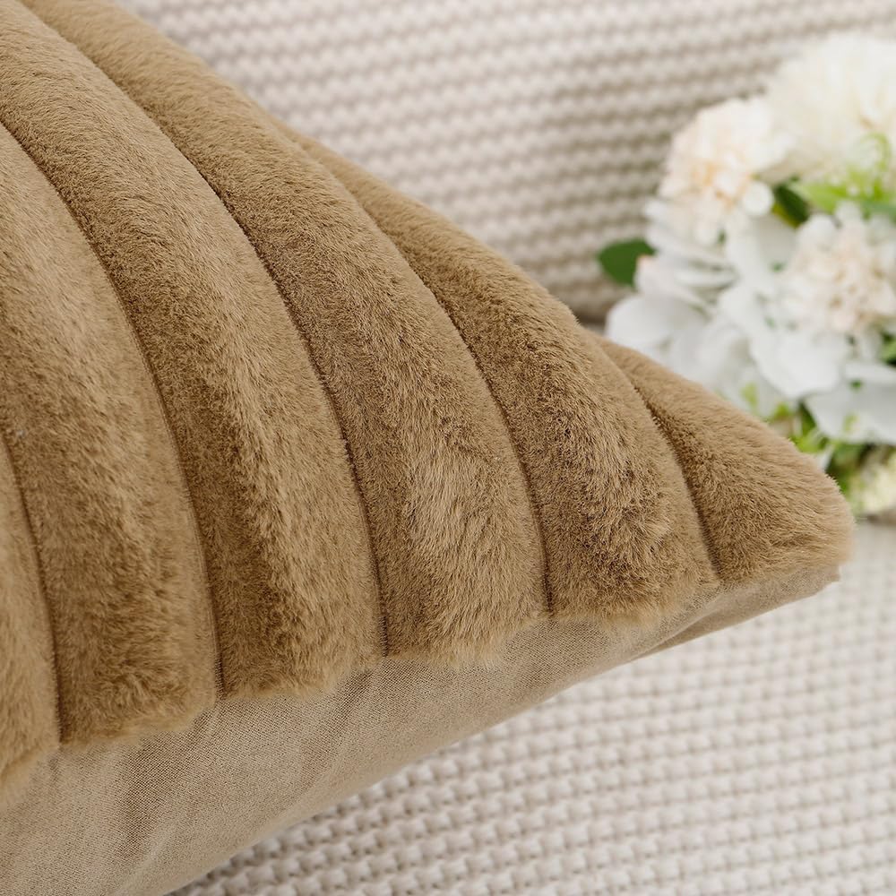 MADIZZ Set of 2 Faux Wool Plush Decorative Throw Pillow Covers 26x26 Inch Camel Fluffy Striped Soft Decorative Cushion Cover for Sofa Bedroom Pillow Shell