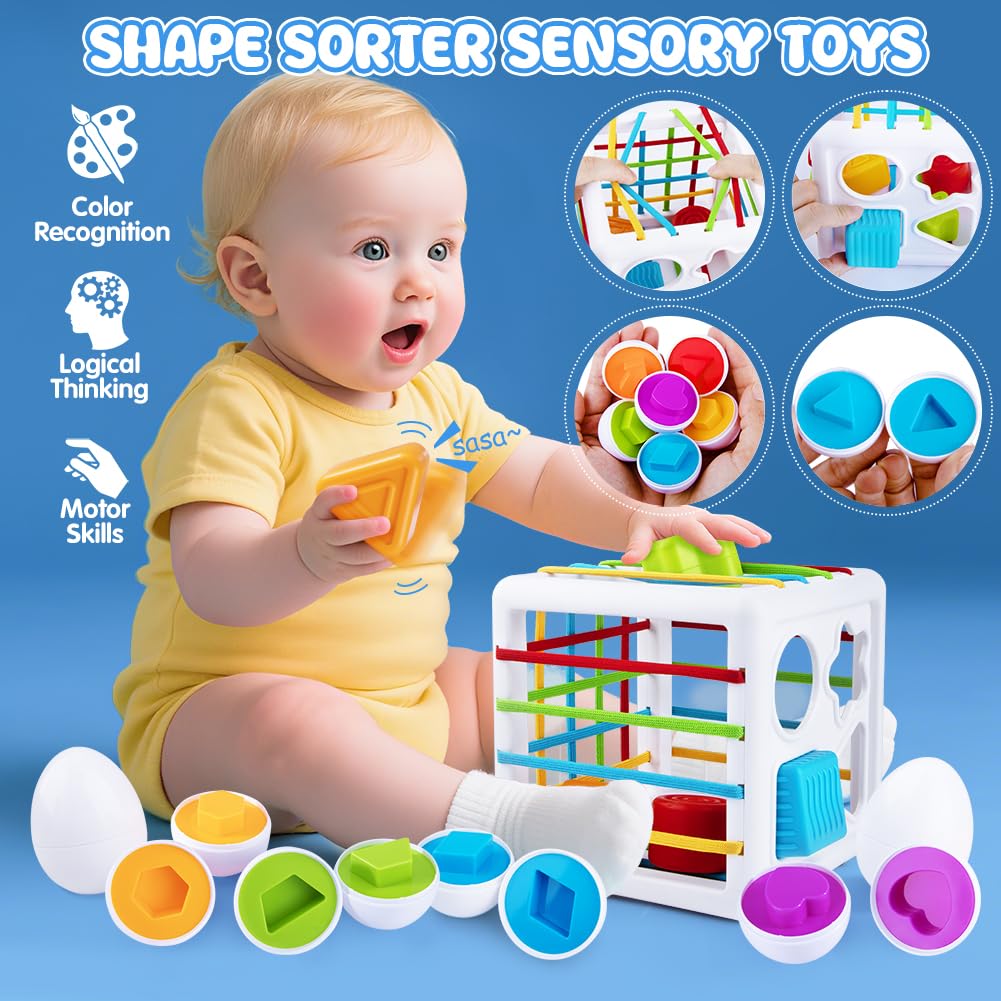 6 in 1 Baby Toys 6 to 12 Months, Montessori Toy for 1 Year Old, Infant Teething Toy Stacking Blocks Cups,Sorting Sensory Bin, Matching Egg Sensory Ball Educational Learning Gift for Toddlers Aged 1-3