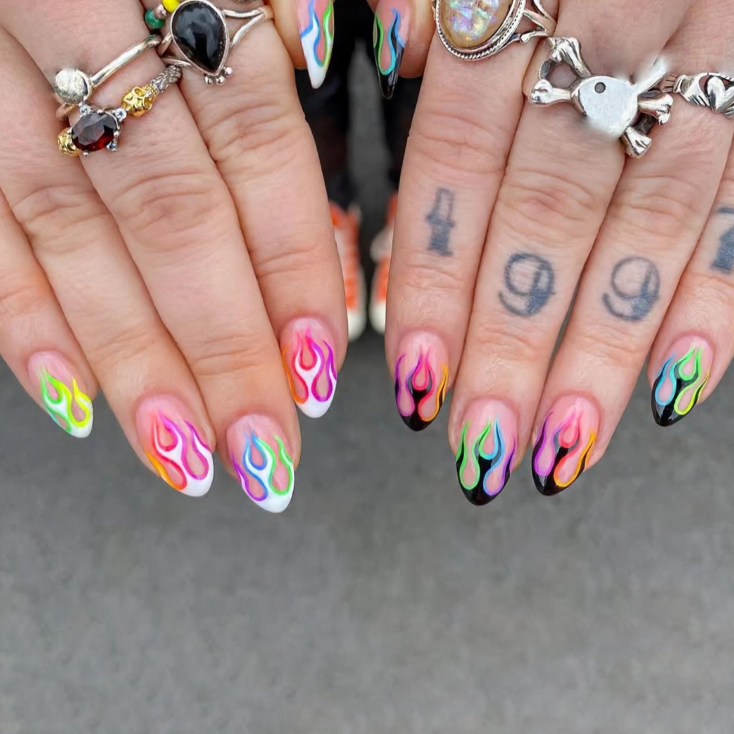 MERVF Almond Press on Nails Medium Fake Nails Colorful Flame French Tip Glue ons Fire Gyaru Goth Design Stiletto Acrylic False Nail for Women Glossy 24pcs