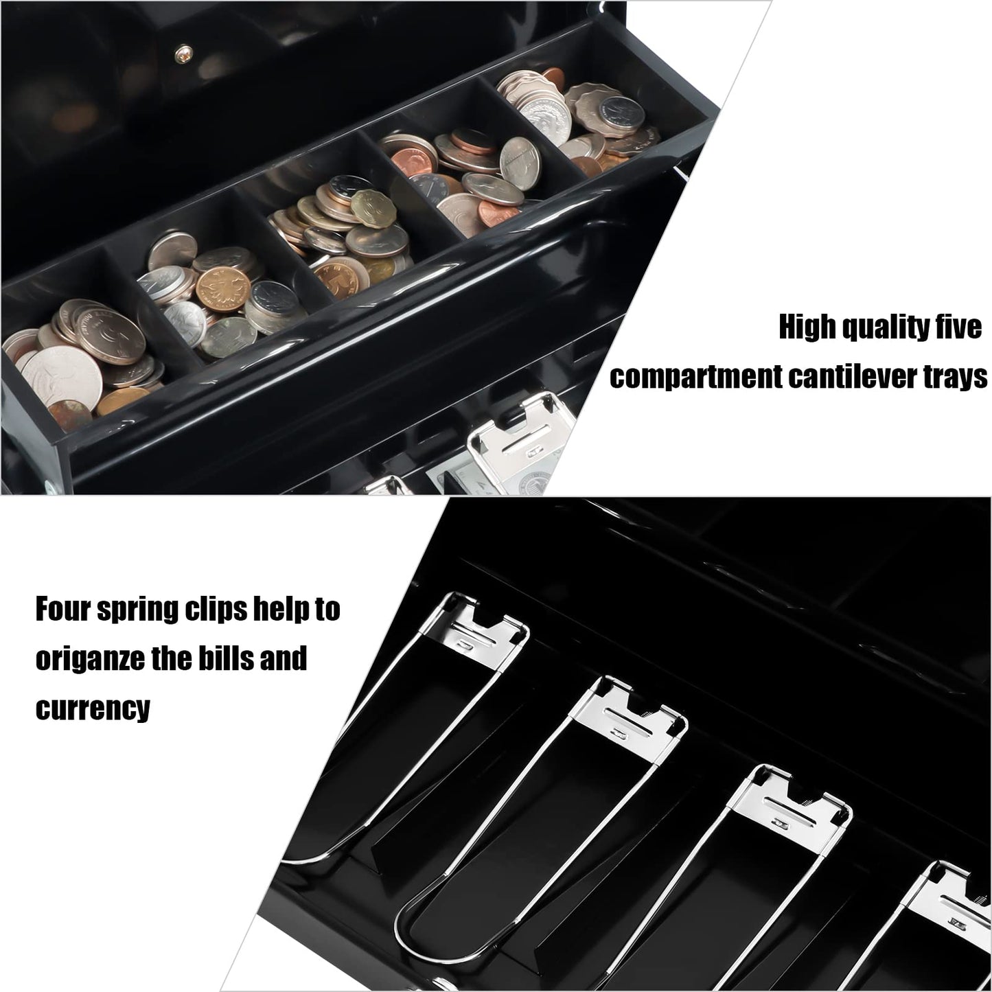 KYODOLED Cash Box with Money Tray, Key Lock Money Safe with Security Cable and Waterproof Bag, 11.81L*9.45W*3.54H inch, Black X Large