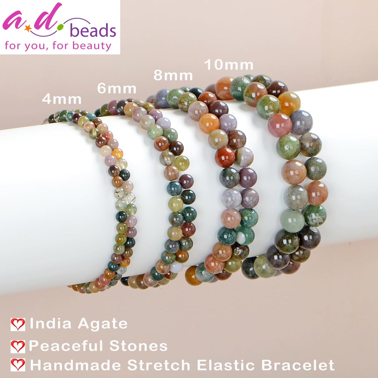 AD Beads Handmade Gemstone Stretch Elastic Bracelet Crystal Healing Reiki Nature's Beauty and Spiritual Essence Unisex (10mm, Indian Agate)