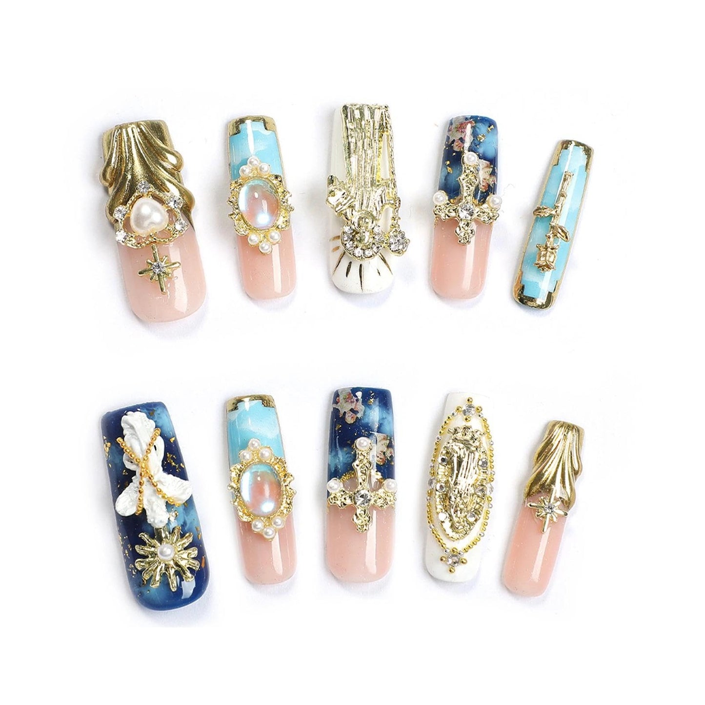 Handmade 3D Green-Pink-Gold Royal Retro Gem Square Press On Nails, Luxury Rhinestone Noble Style Artisan Nails Set, Reusable Glossy Press-ons with Tool Kit(S)
