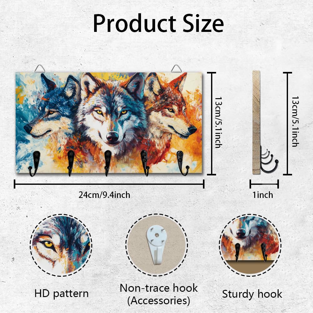 DELORIGIN Wolf Key Holder Wall Mounted Wooden Keys Racks Storage Organizer Hanger with 5 Key Hooks House Keys Holder for Wall Decor Door Entryway Hallway Kitchen New Home Gift
