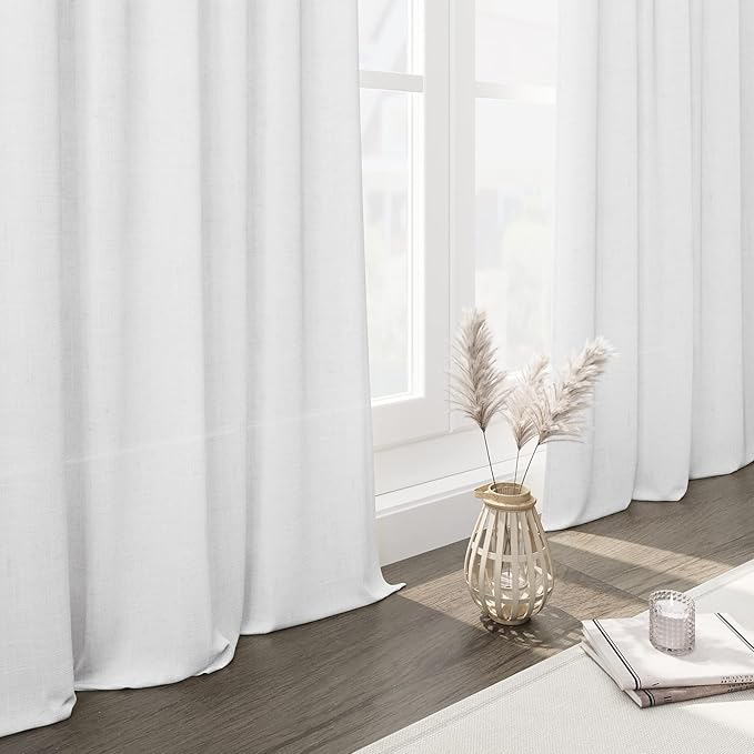Nanspring White Linen Curtains for Living Room 119 Inches Long Extra Long Back Tab Curtains Farmhouse Light Filtering Semi Sheer Linen Drapes Ceiling to Floor for Large Window 2 Panels Set 52x119