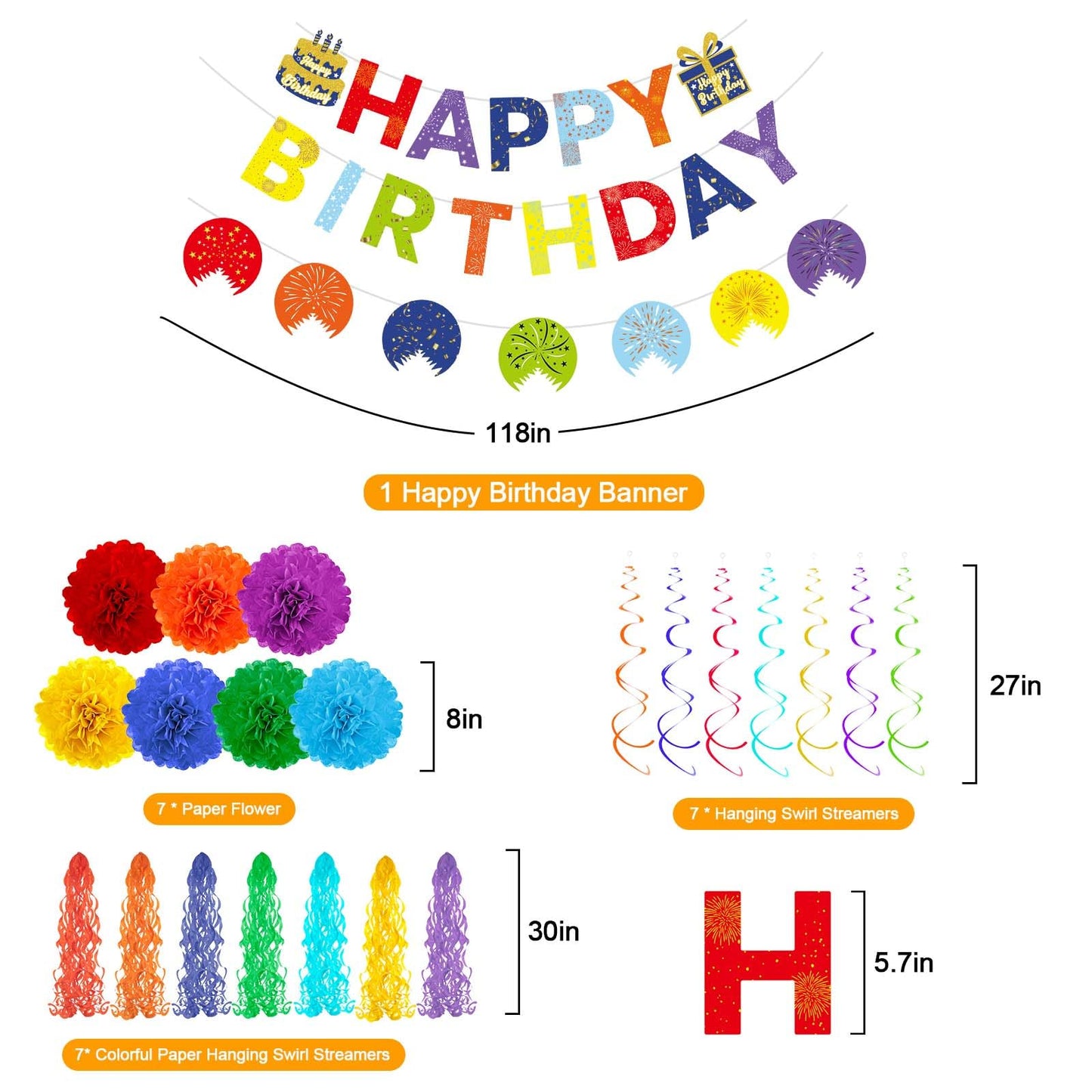 Rainbow Birthday Decorations Kit, 22Pcs Pre-Strung Happy Birthday Banner, Hanging Swirls & Paper Flowers for 21st 30th 40th 50th 60th Milestone Birthday Party Supplies