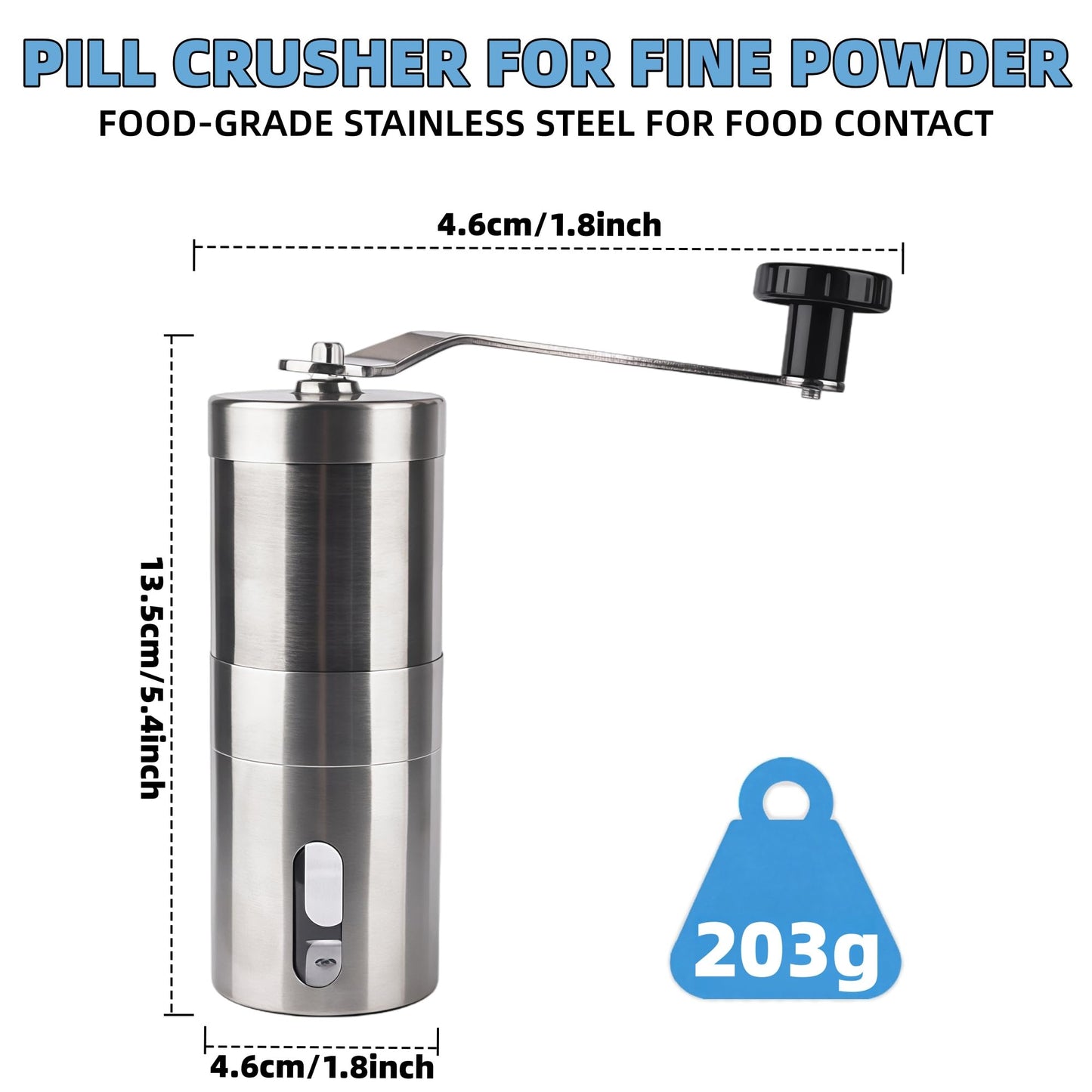 Pill Crusher Stainless Steel with Ceramic Burr for Fine Powder Grinding | Adjustable Manual Grinder for Elderly Care, Feeding Tube & Pet Pills