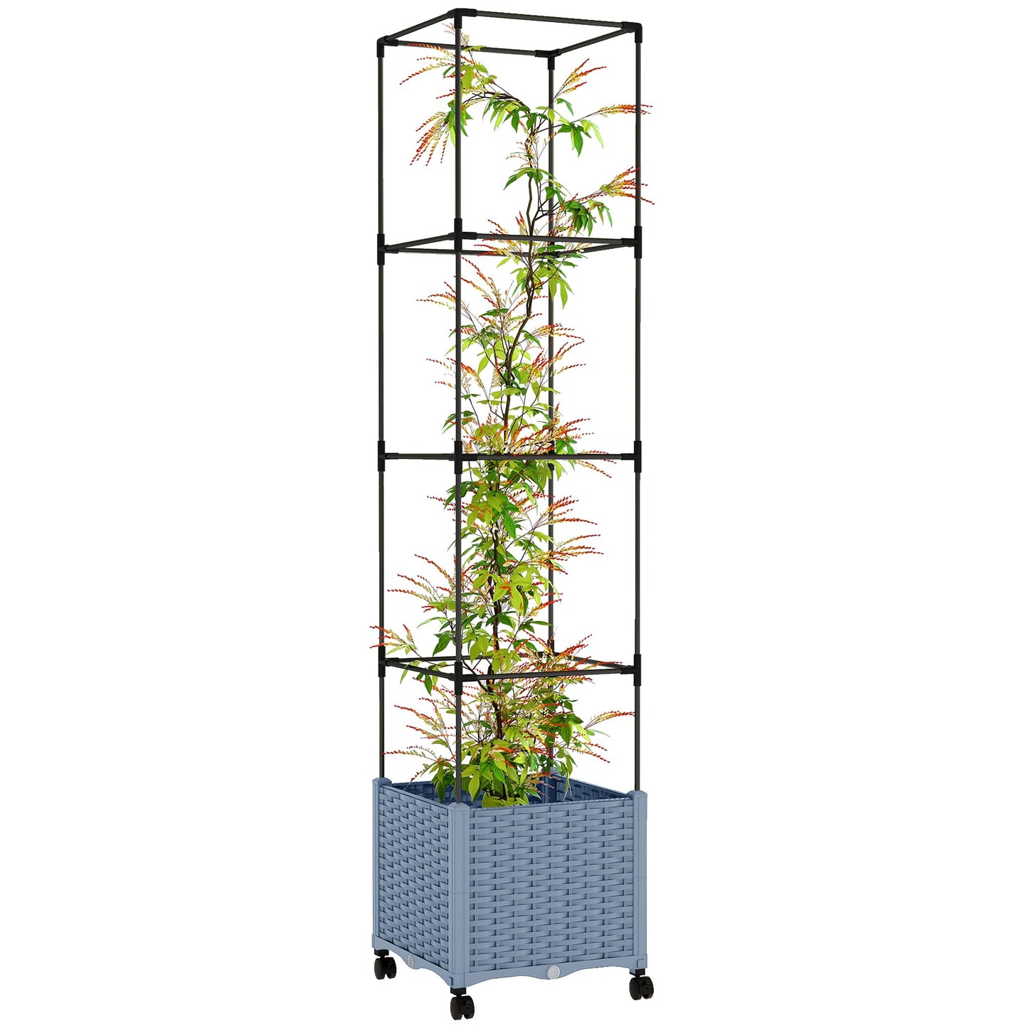 Outsunny Raised Garden Bed with Trellis, 71.7" Tomato Cage with Lockable Wheels, Self Watering Outdoor Planter Box with Drainage Holes and Plugs for Climbing Plants, Vines, Vegetables, Flowers, Gray