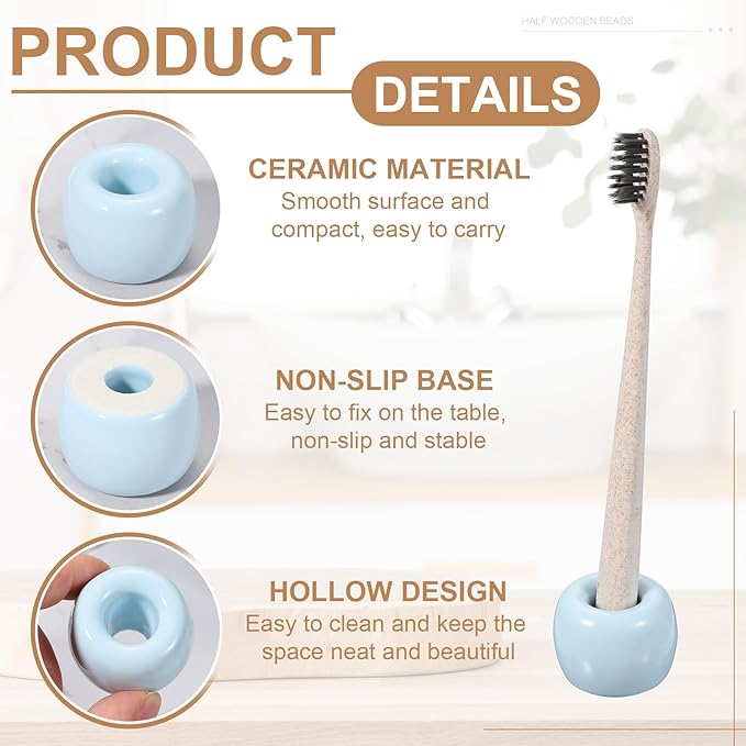 uxcell 2 Pcs Mini Ceramics Toothbrush Holder Stands, Sleek Mini Countertop Toothbrush Round Shape Ceramic Holder Stand for Bathroom Vanity Countertops, Blue