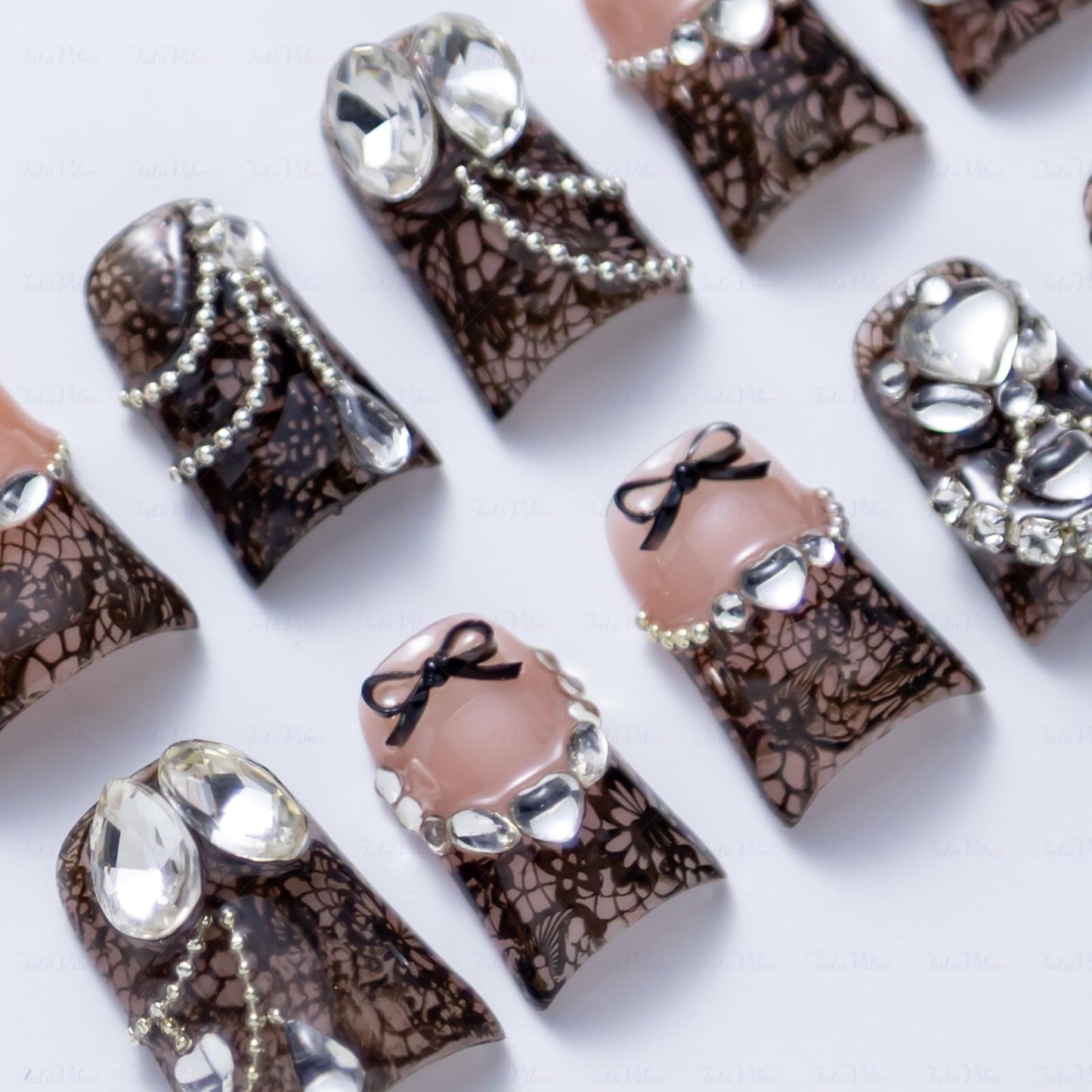 IntoVibes 10 Pieces Luxury Acrylic Press On Nails Short Handmade Duck Nails, Black Thickened False French Nails, 3D Lace Texture, Large Rhinestones, Reusable Fake Nails, Acrylic Nails (L)