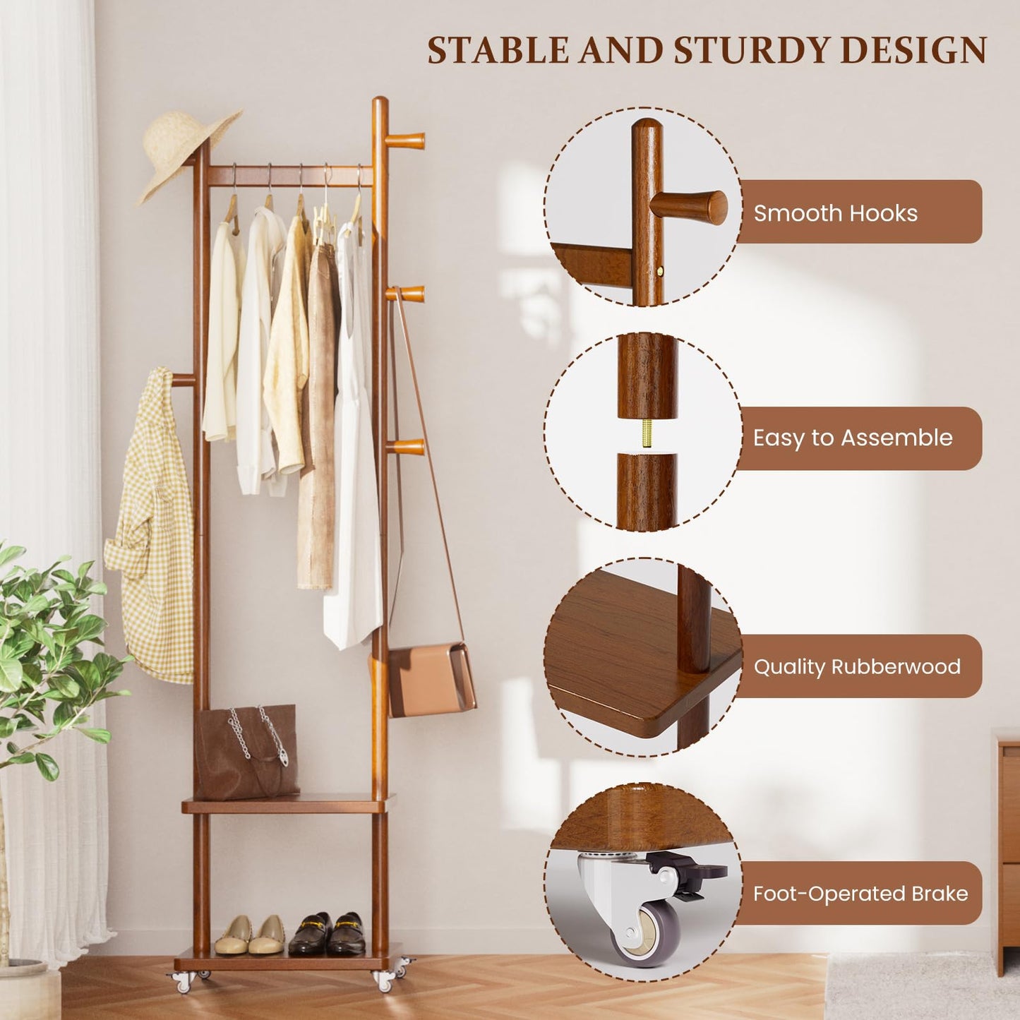 Solid Wood Coat Rack Freestanding Clothing Rack with Wheels & 2 Shelves Storage & 5 Hooks Heavy Duty Clothes Rack Wood Coat Tree Stand Hat Hanger Rack for Corner Bedroom Entryway Living Room Hotel