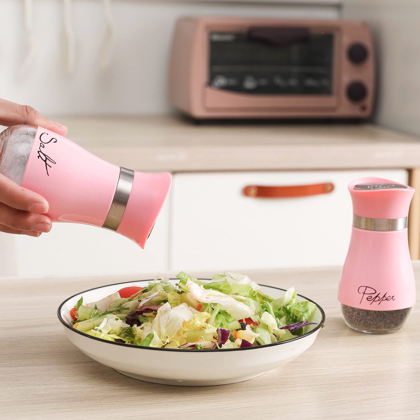 Salt and Pepper Shakers Set, Stainless Steel with Glass Bottle for Table, RV, Camp, BBQ, Set of 2, Pink