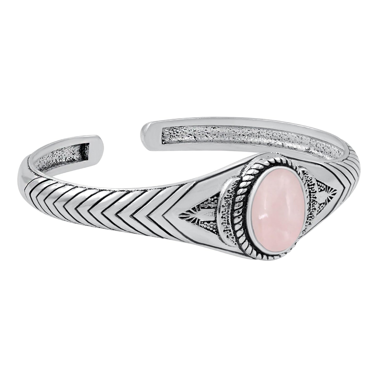 Rose Quartz Cuff Bangle Bracelet for Men Women – Handmade 925 Silver Plated Adjustable Boho Jewelry – Natural Gemstone Janaury Birthstone Statement Bangle – Bohemian Elegant Gift for Him Her
