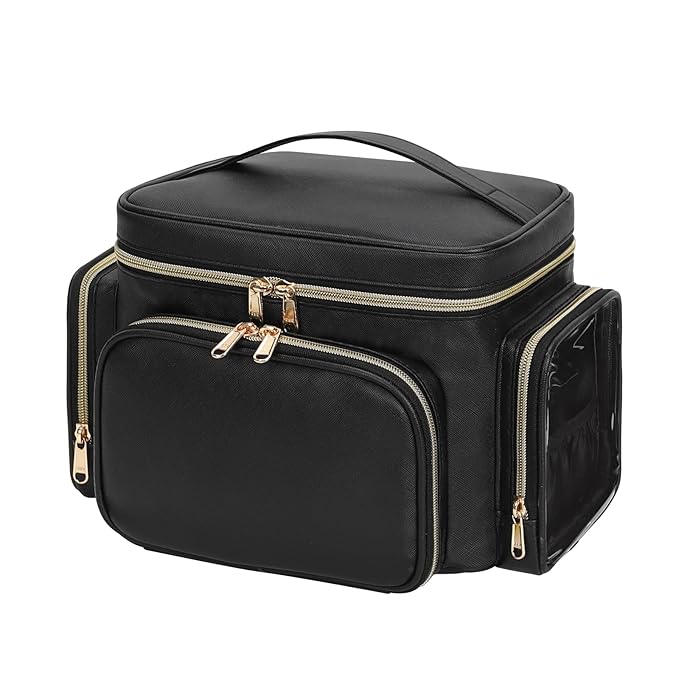 Large Makeup Bag, Portable Travel Makeup Bag Organizer for Women Girls with Makeup Brush Compartment & Two Side Pockets, Cosmetic Travel Bag Vertical Storage Toiletry Bag - Black