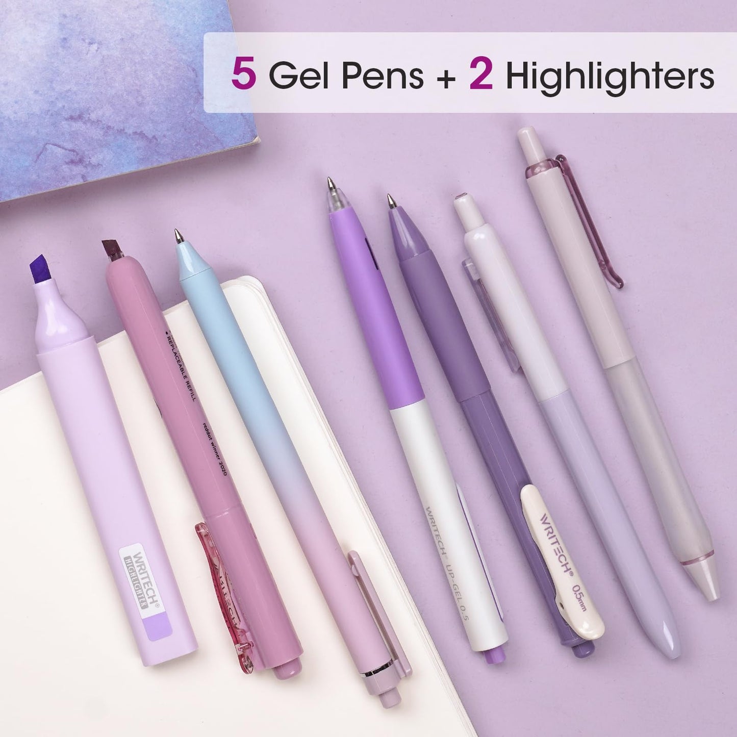 WRITECH Gel Pens Journaling Highlighters: Journal Set Aesthetic Assorted Pastel Color Ink 0.5mm Fine Point Retractable 0.7mm Black Pen Smooth Writing Drawing No Bleed 7ct (Purple)