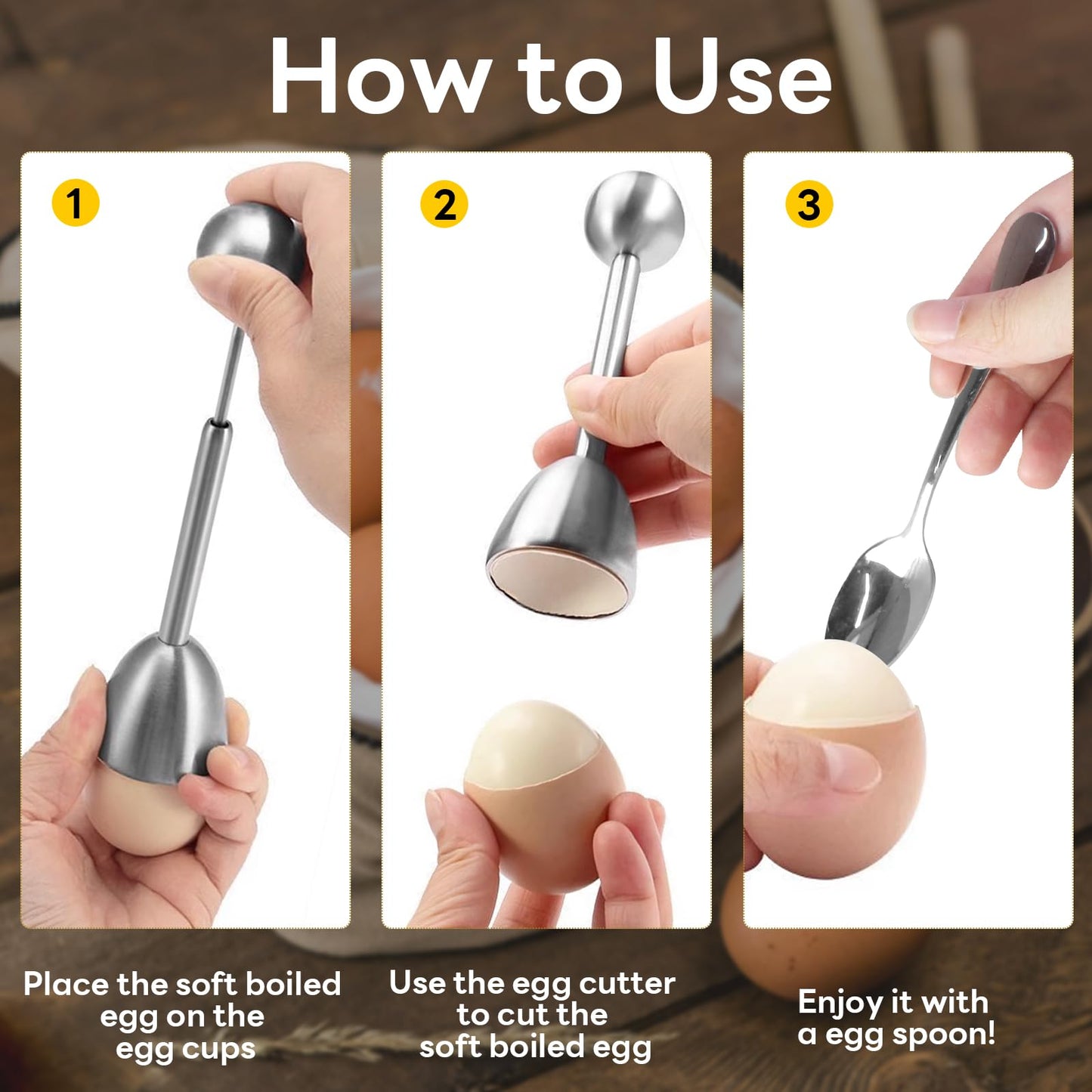 vibedor Egg Cups and Egg Cracker Set for Soft Boiled Eggs, 2 Stainless Steel Egg Cutter, 4 Stainless Stain Spoons and 4 Ceramic Egg Stands in Kitchen, Parties for Breakfast, Host