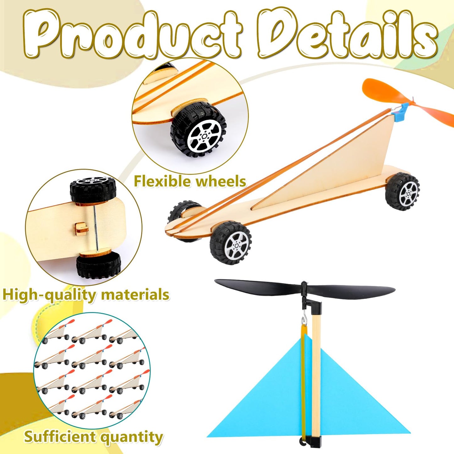 Teyva Daily 24 Set Rubber Band Helicopter and Propeller Car Kit DIY Bulk Stem Crafts Project with Complete Materials and Instructions for Science Fair, Group Activities