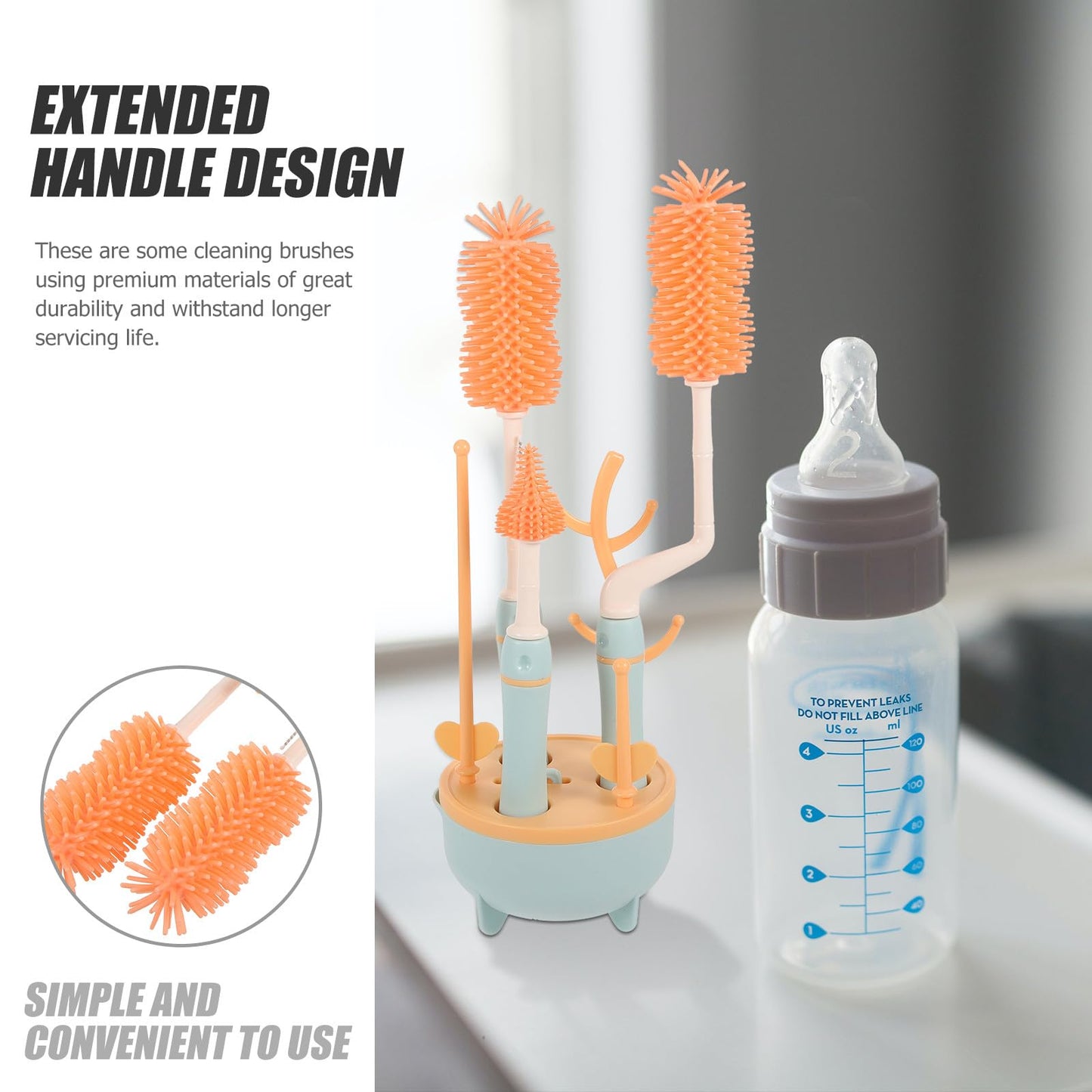 NAMOARLY Bottle Brush Set with Straw Cleaner and Pacifier Brush for Feeding, Blue Plastic Handle, Multi-Piece Household Bottle Cleaning Kit with Drying Stand for Travel and Daily Use