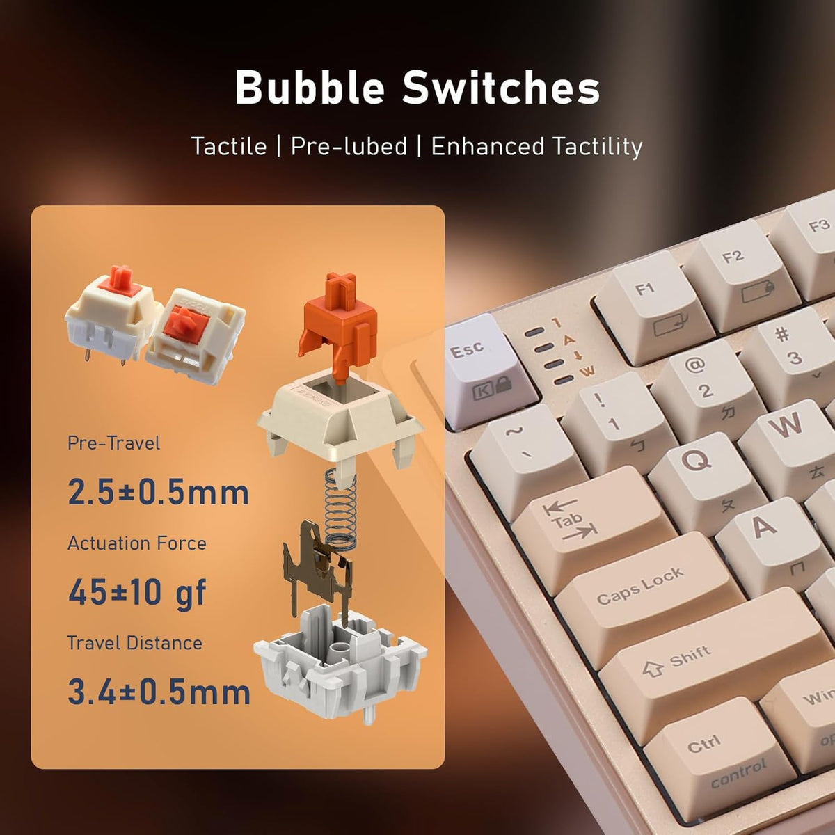 iRocks K85R Wireless RGB Backlit Mechanical Gaming Keyboard with LCD Display, Hot-Swappable Pre-lubed Brown Switches, 98 PBT Keys, USB-C Detachable Cable (Light Golden, Bubble Switch)