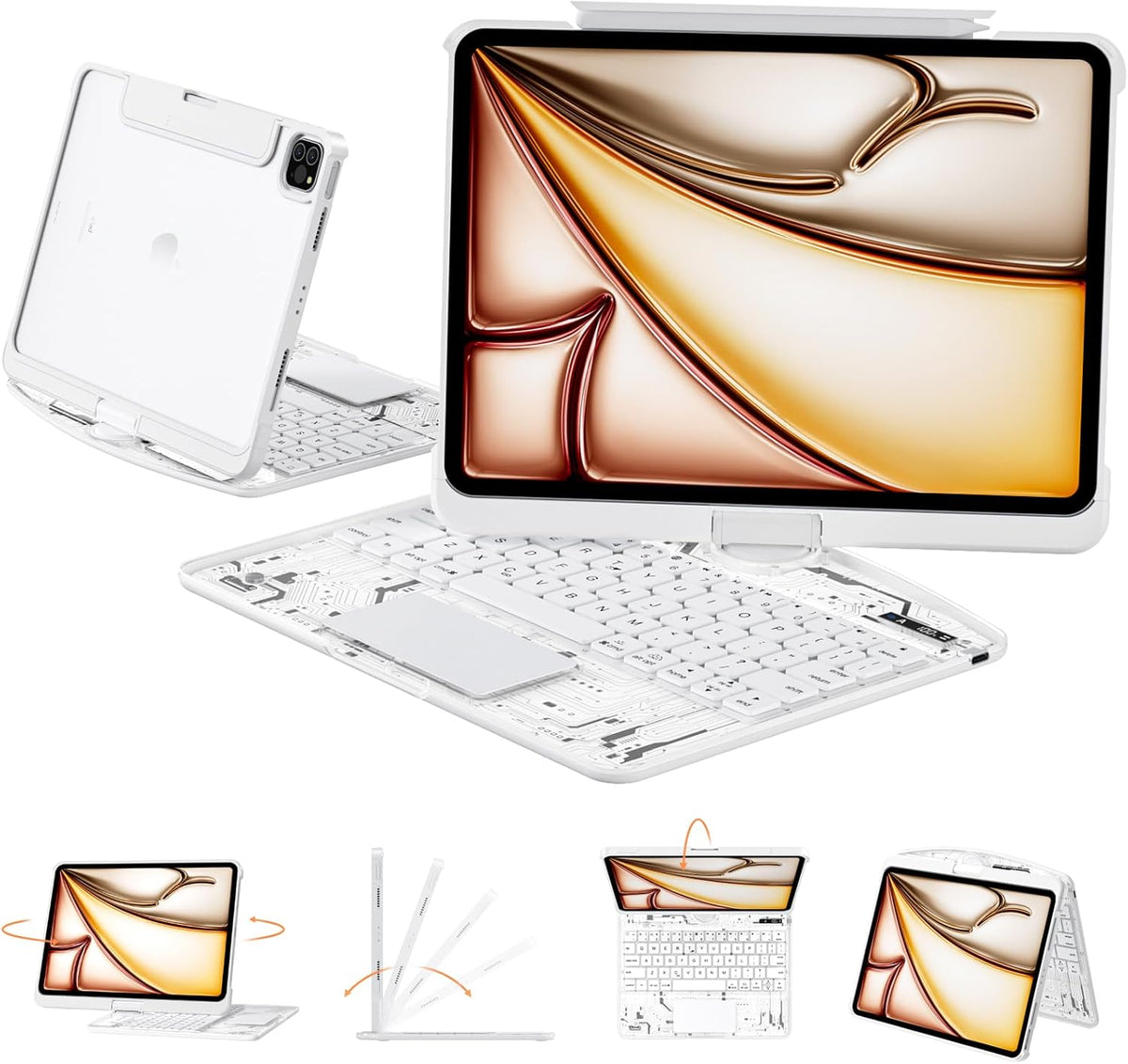 Transparent Case with Keyboard for iPad Air 13 Inch (M3/M2, 2025/2024), iPad Pro 12.9 Inch (6/5/4/3 Gen),7-Color Backlit,Magic Wireless Keyboard, 360°Rotating,with trackpad,Pencil Holder,White