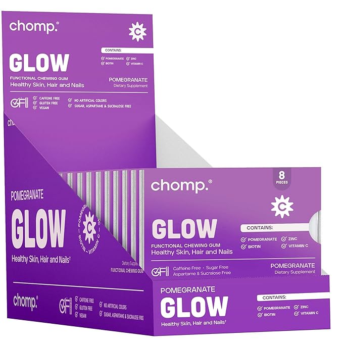 Chomp Gums - Glow - Beauty Gum (12 Pack) - Healthy Chewing Gum - Pomanox + Biotin + Zinc - Supports Healthy Skin, Hair, & Nails - Pomegranate Flavor - Gluten & Sugar Free - Aspartame & Sucralose Free