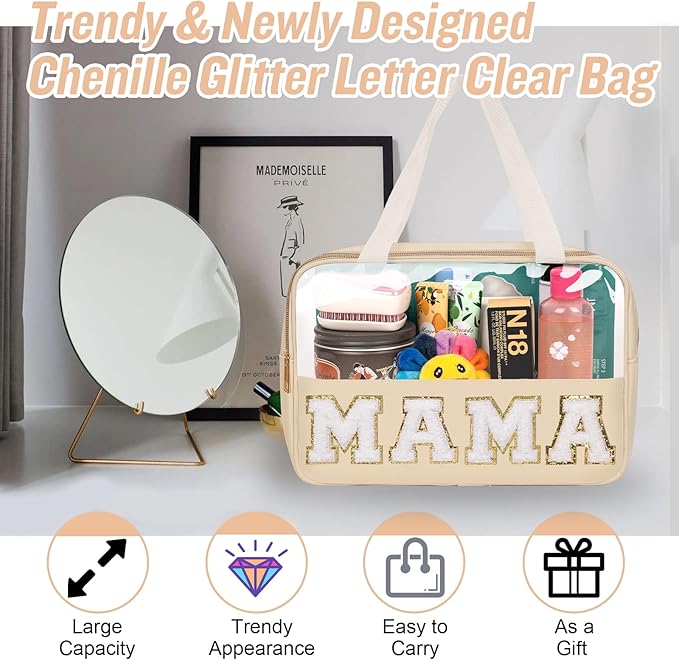 Preppy Clear Mama Makeup Bags with Chenille Letter Patches, Travel Essentials Large Clear Make up Bag Zipper Pouch with Handle, Waterproof Nylon Cosmetic Toiletry Storage Tote for Women (MAMA-Beige)