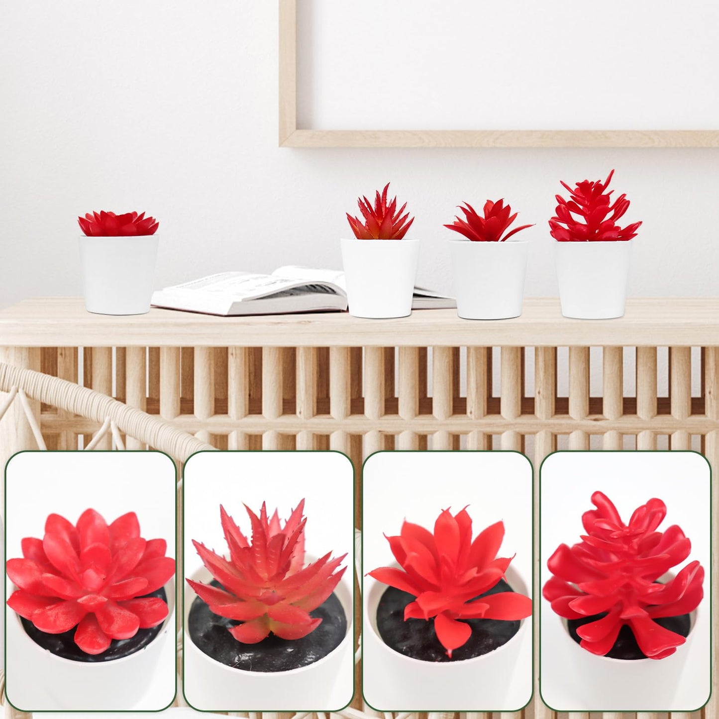 Uguisu Artificial Potted Plant, Simulated Gem Flower, Lotus Flower, Spring Artificial Succulent Plant, Small Artificial Plant, Spring Artificial Fake Plant, Office Home Wall Decoration (4/Red)