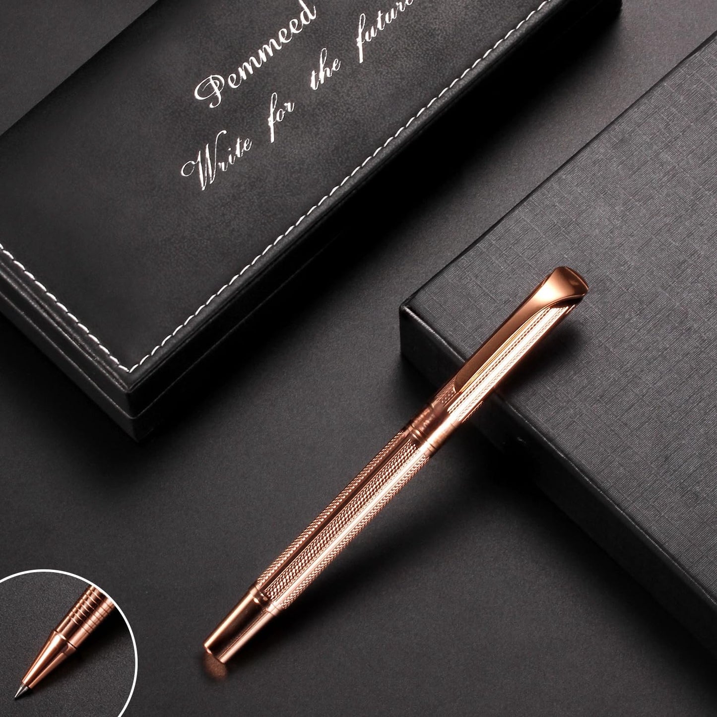 Penneed Rollerball Pen Liquid Ink Pens for Women Luxury Box Gel Pen Black Ink Fancy Pen Refillable for Executive, Office, Professional, Birthday Gift G5 (Rose Gold)