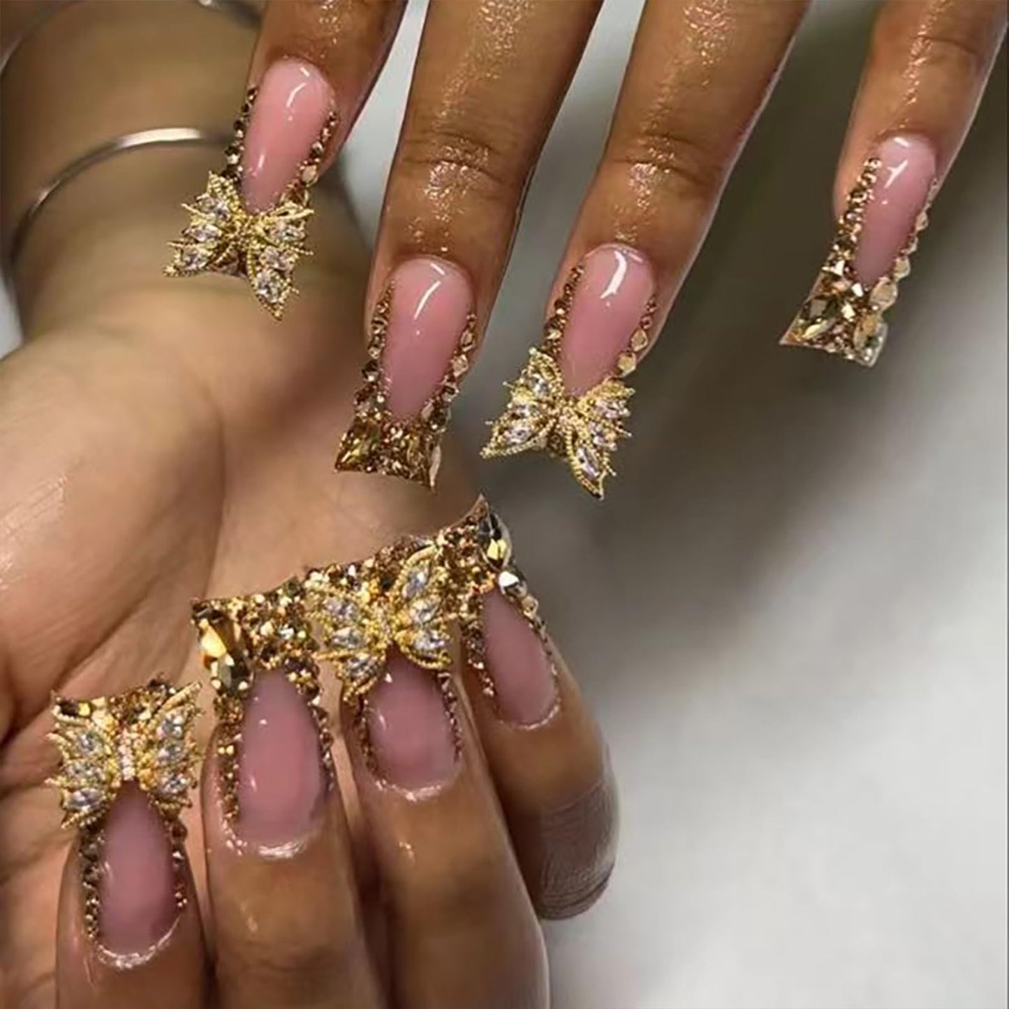 IMSOHOT Golden Duck Press on Rhinestone French Tips Fake Nails with Duckbill Designs Bling Feet Style Glossy False Nails with Butterfly Diamonds Design 24Pcs