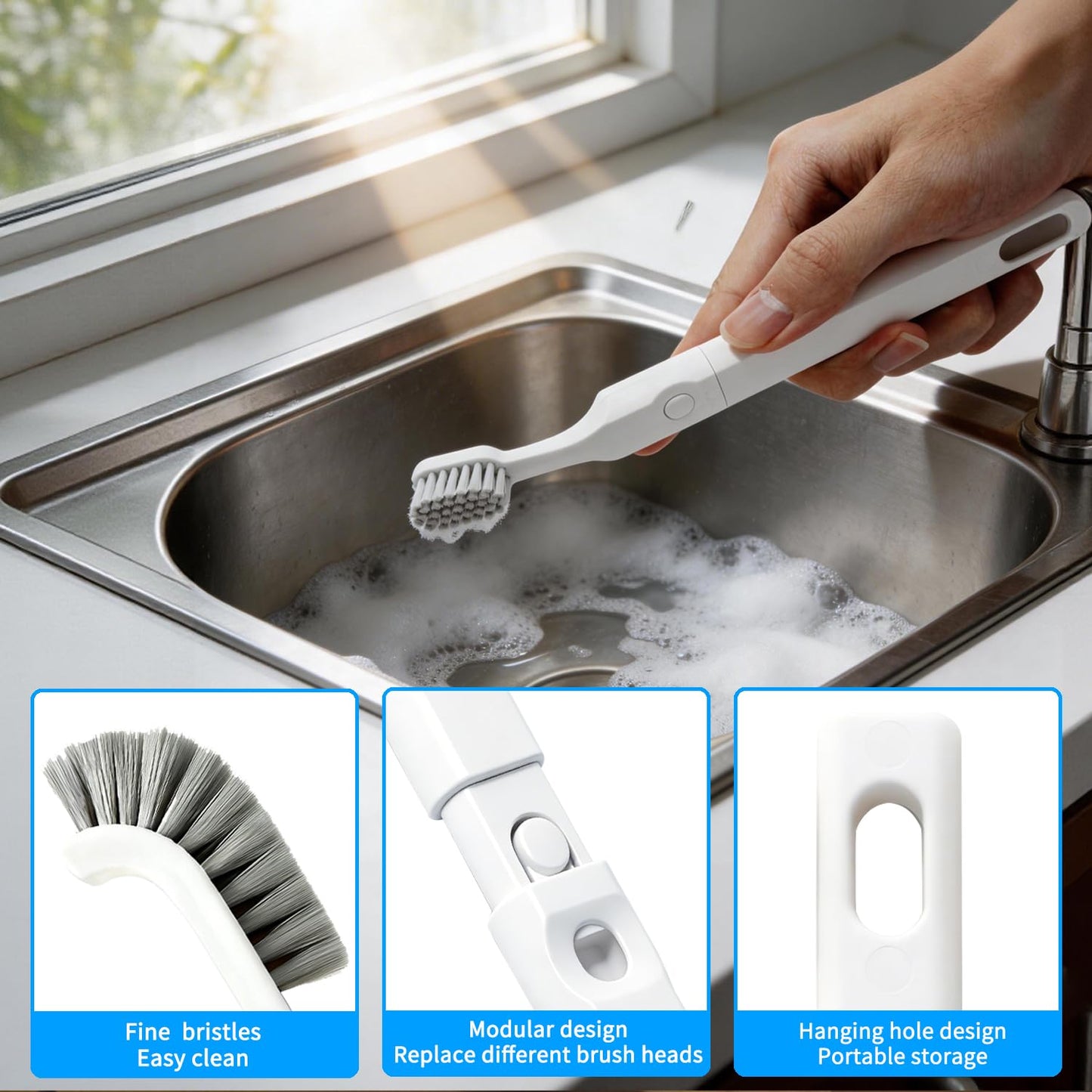 Small Scrub Brush, Hard Bristle Crevice Cleaning Brush Set with 6Pcs Brush Heads & 2Pcs Handles, Multifunctional Grout Scrubber Tools for Kitchen, Bathroom, Sink, Corner, Mug and Blender