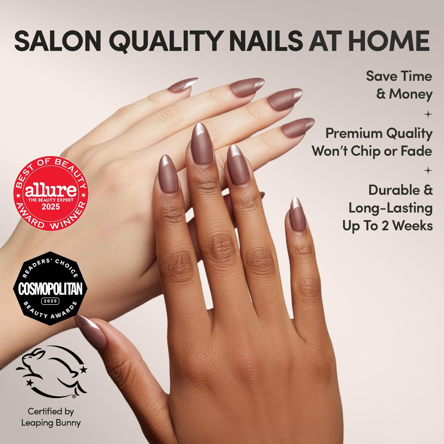 Glamnetic Press On Nails - Terra | Short Almond Dark Brown Fake Nails with Glossy French Tips in a Matte Finish, Salon Quality, 15 Sizes - 30 Nail Kit with Glue