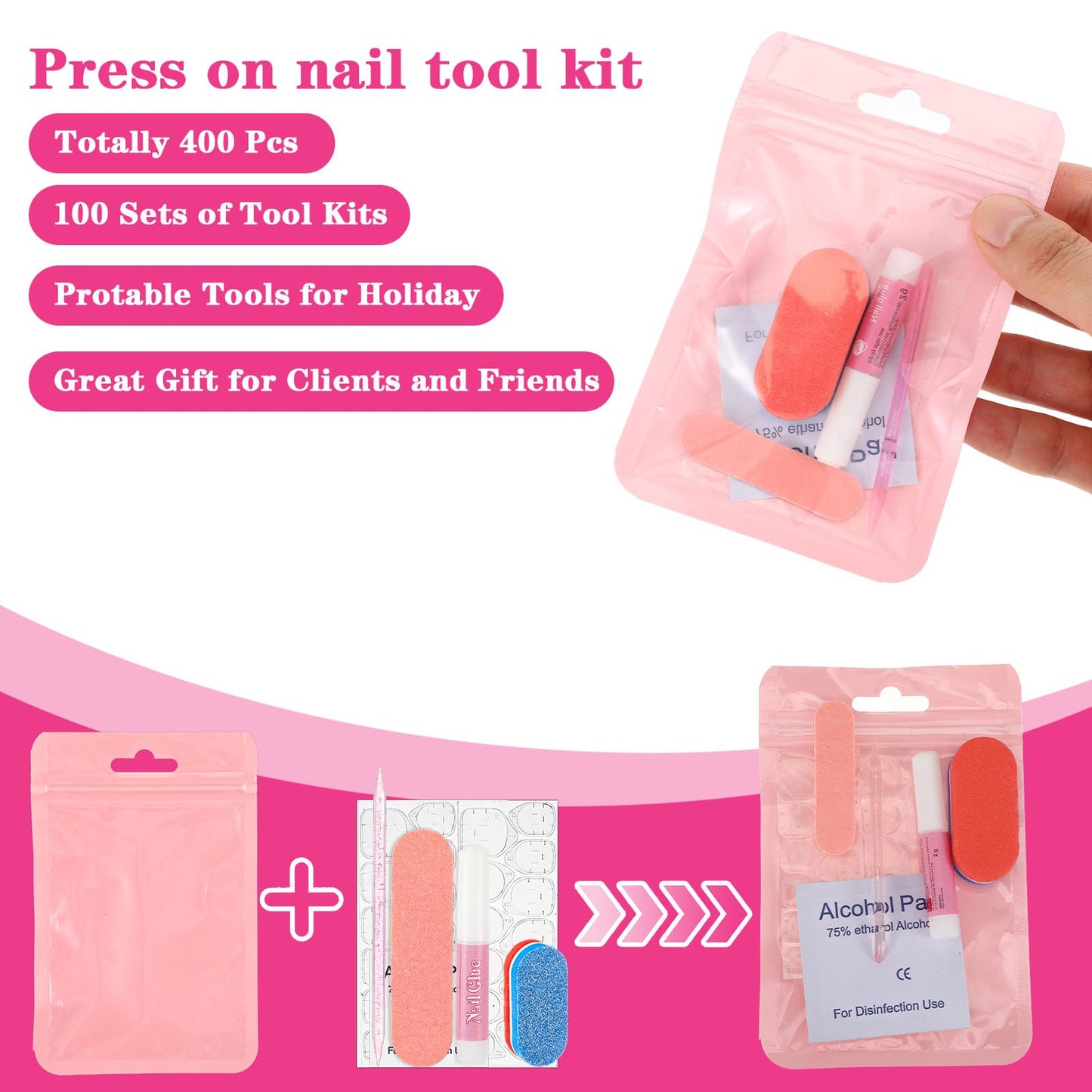 100 Set Press on Nail Kit for Salon Business, Disposable Nail Prep Kit with File Buffer Glue Prep Pad Adhesive Tabs Wood Stick, Press on Nail Kit with Everything in Holographic Bag