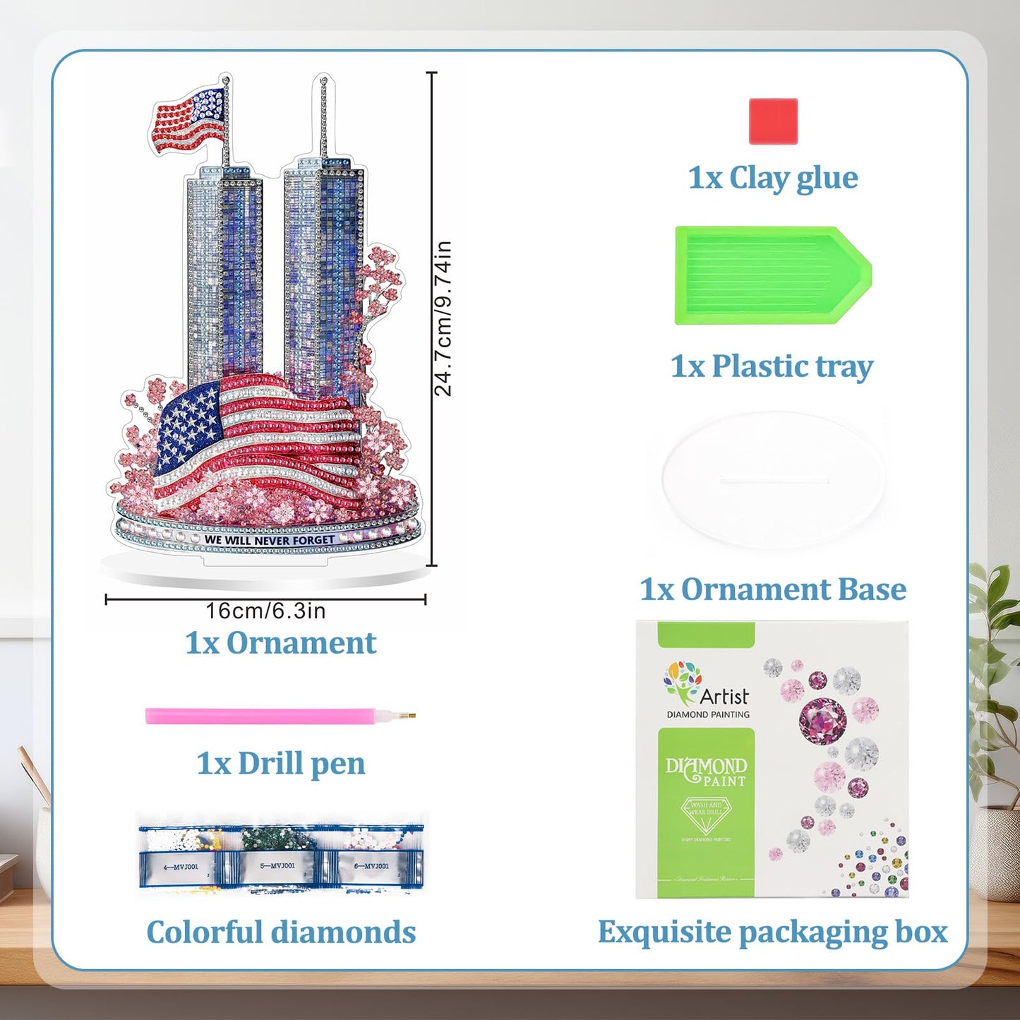 MAXBYE Twin Towers Tabletop Diamond Art Painting Kit, DIY 5D Diamond Painting Kits, Special Shaped Diamond Desktop Ornament, Home Stand Up Gem Painting Sculpture Craft Kit, Diamond Art Statues