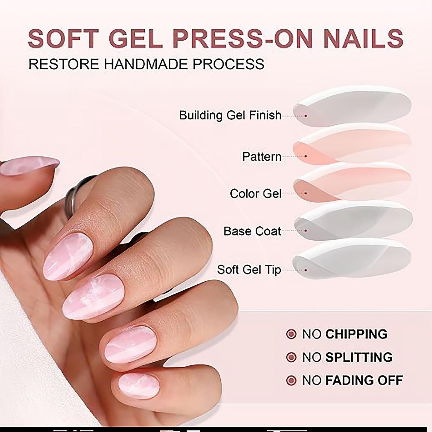 RTKHFZE Press on Nails Short-Pink Marble Press On Nails Almond,Short Fake Nails with Glue,Almond Stick On Nails,Glue On Nails in 16 Sizes - 32 Pcs Soft Gel Fake Nails Kit for Gift Idea