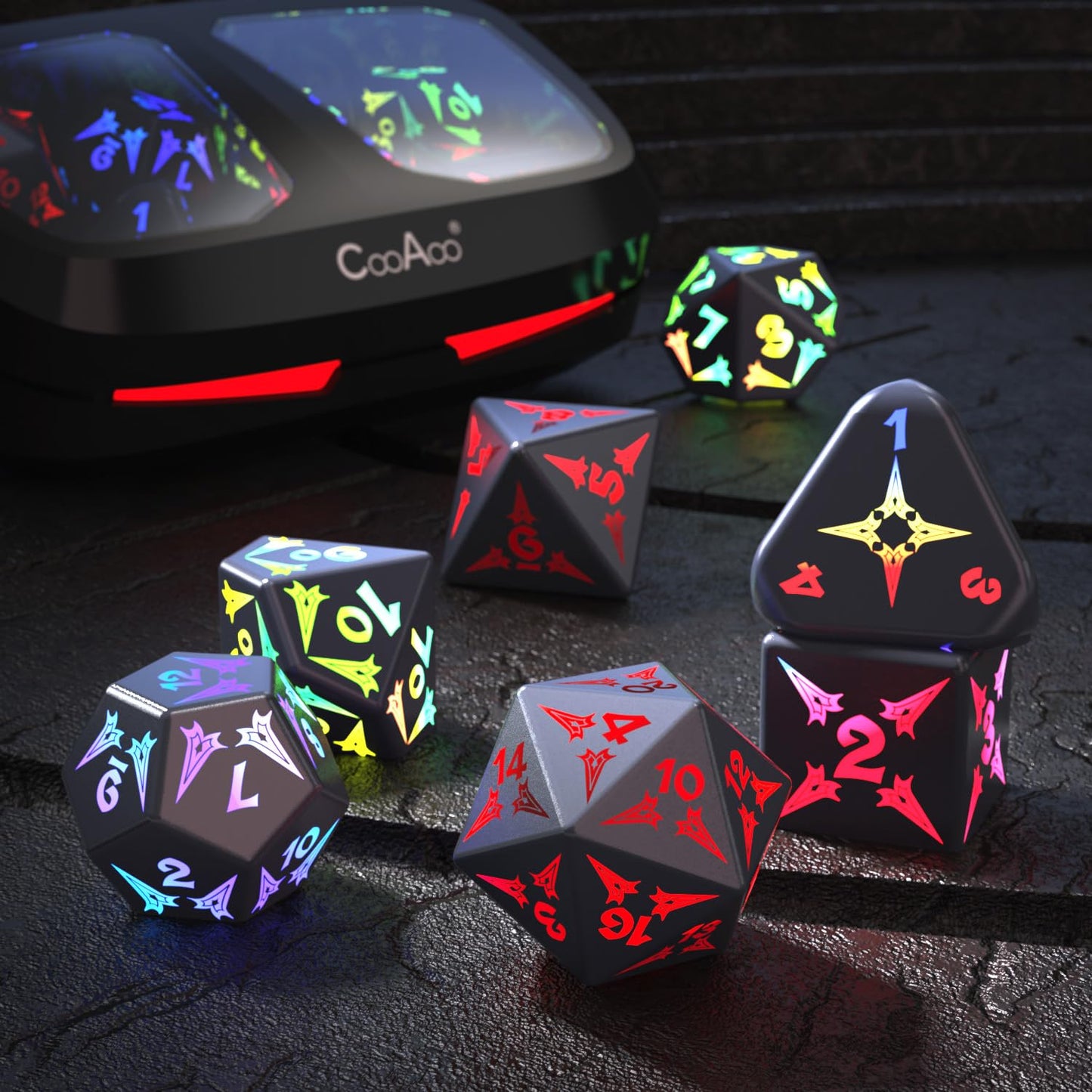 CooAoo Light Up DND Dice Set, Wireless Rechargeable Glowing Dice with Charging Box, 7 PCS Electronic Dice Set, LED RGB Polyhedral Role Playing D&D Dice for Dungeons and Dragons PRG MTG Games (Sword)