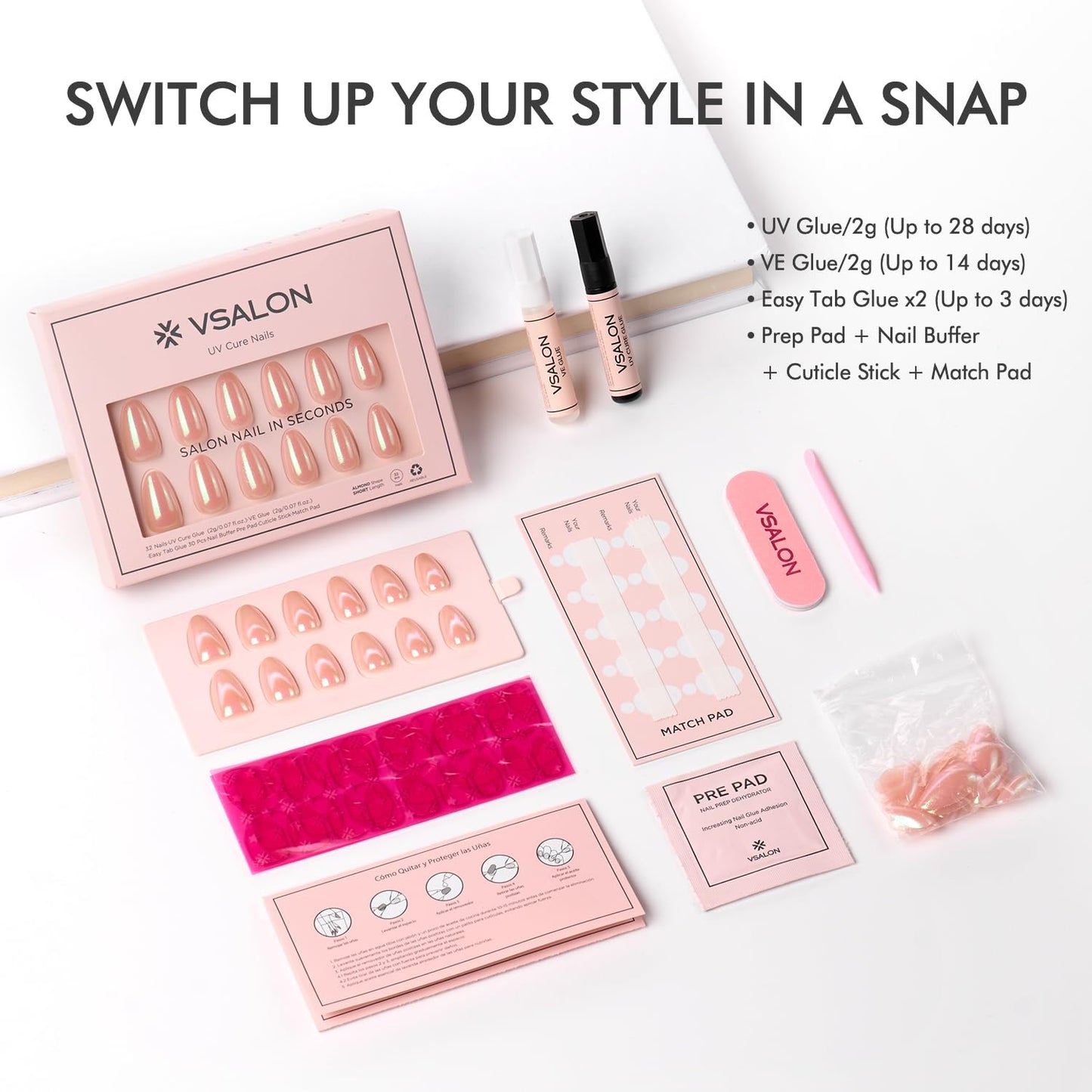 VSALON Press On Nails Short Almond, Nude Pink Pearl Chrome Shimmer Fake Nails With UV Glue, Reusable Stick On Nails Acrylic Neutral Glazed Donut Spring Glue On Nails in 16 Sizes - 32 Nails Kit