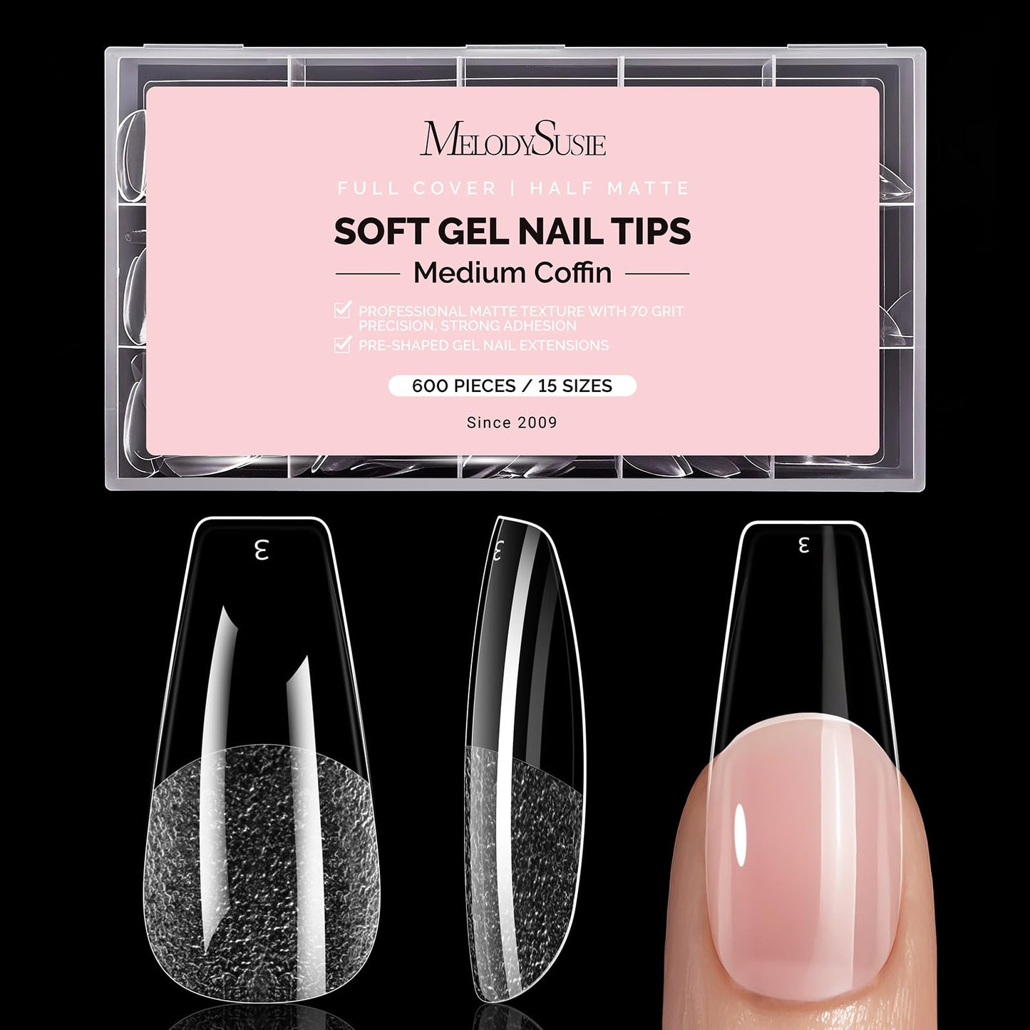 MelodySusie Medium Coffin X Nail Tips - 600Pcs 15 Sizes Clear Acrylic, Half Matte Full Cover Press on Nails for DIY Extension & Salon Use, Pre-Shaped for Long-Lasting Manicure