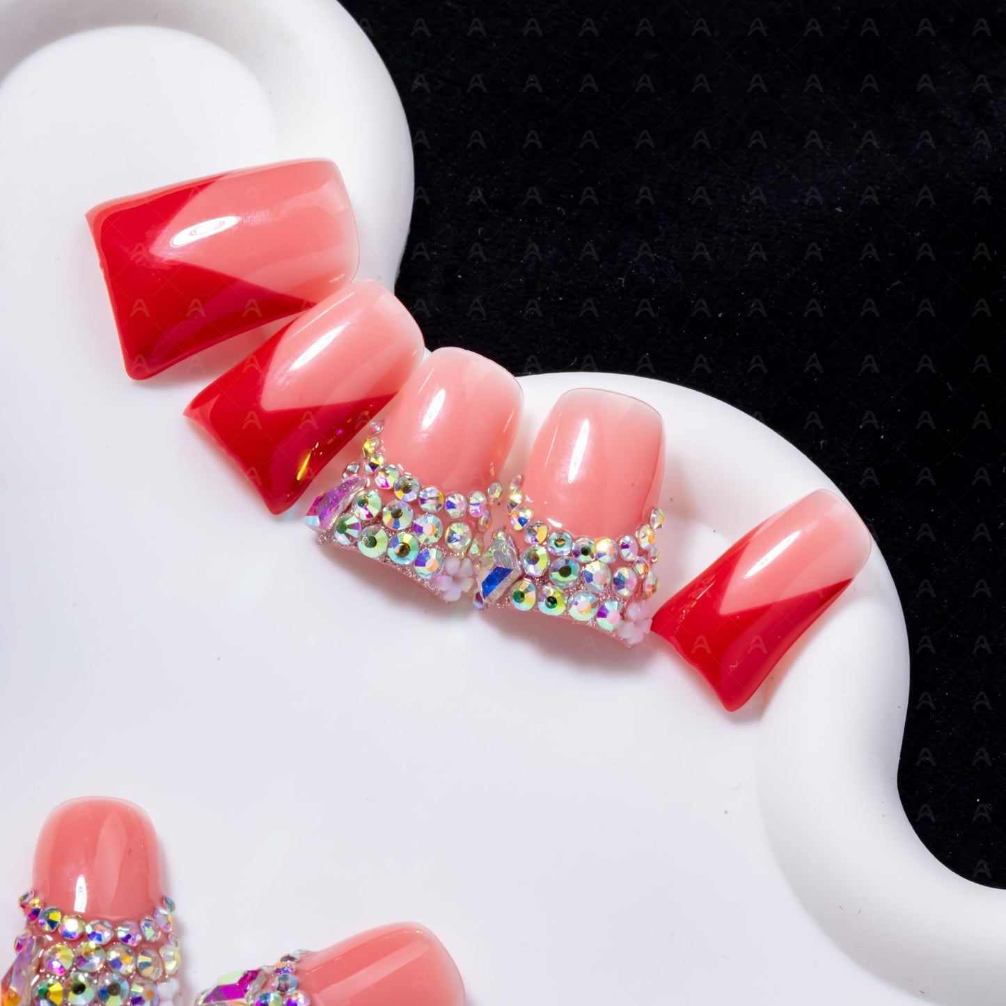 IntoVibes Handmade Short Duck Press On Nails, Red French Tip with Rhinestones And Y2K, 10 Pieces Reusable Acrylic False Nails, Size Medium