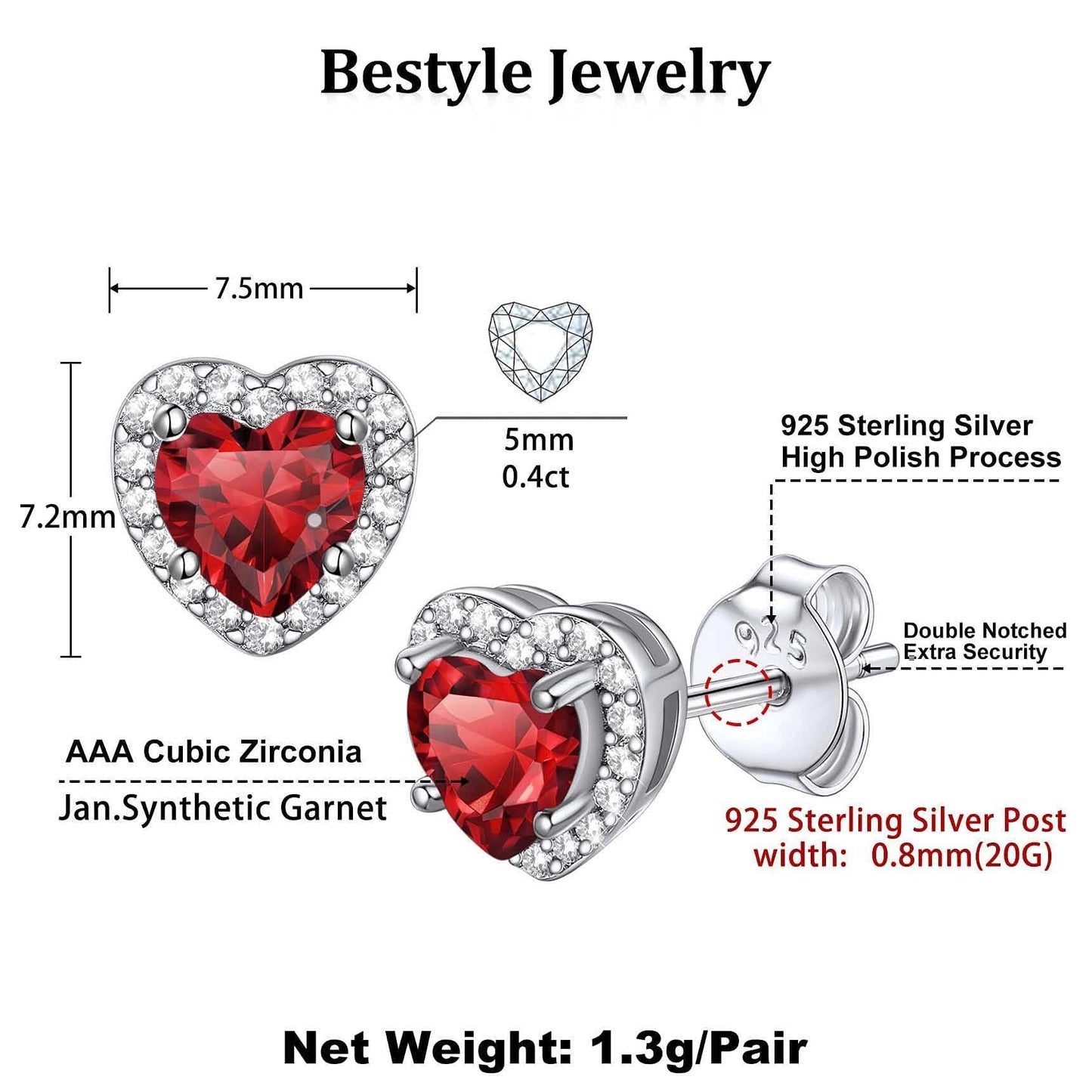Bestyle 925 Sterling Silver Created Diamond Earrings Heart Studs for Women, 5mm January Granet Birthstone Gem Earrings Illuminated by 1mm White Cubic Zirconia