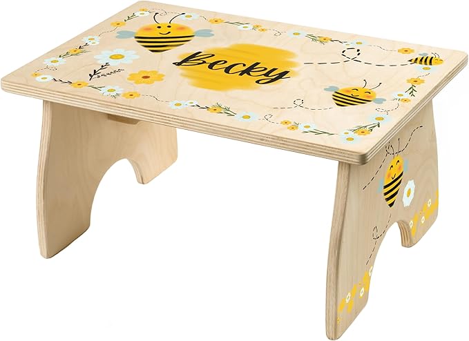 Step Stool for Toddlers- Personalized Wood Kids Step Stool with Name for Kitchen Sink, Bathroom, Potty Training, Toilet, Kitchen Sink- Sturdy and Safe- Made in USA by BloomOwl (Bee)